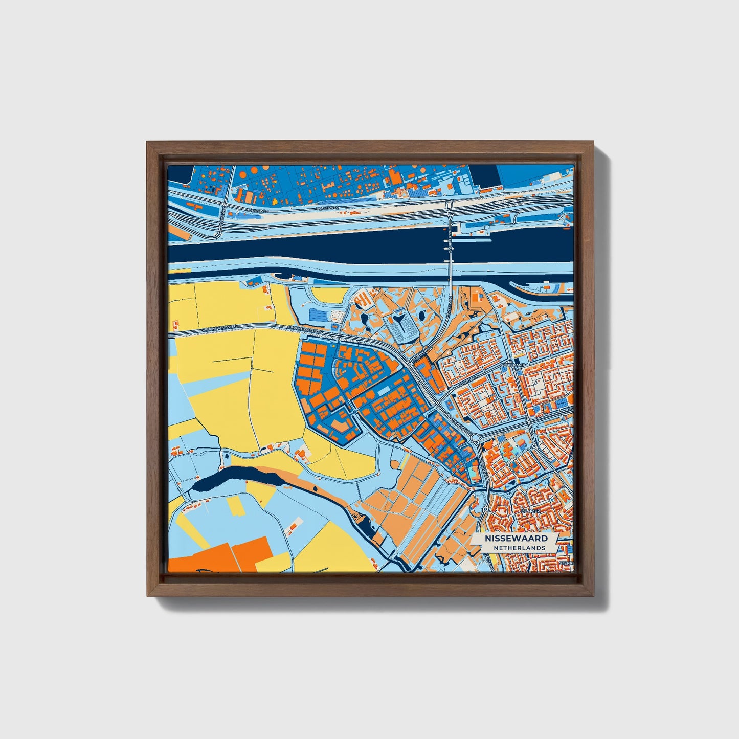 Nissewaard Netherlands Colorful City Map Canvas Print • Dark Wooden Framed