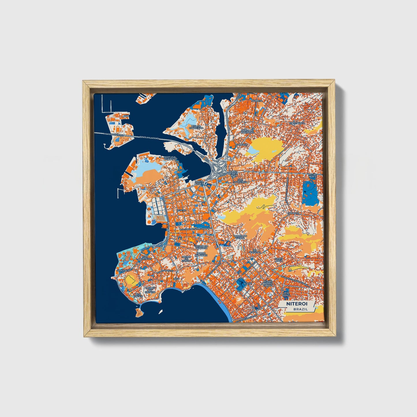 Niteroi Brazil Colorful City Map Canvas Print • Natural Wooden Framed