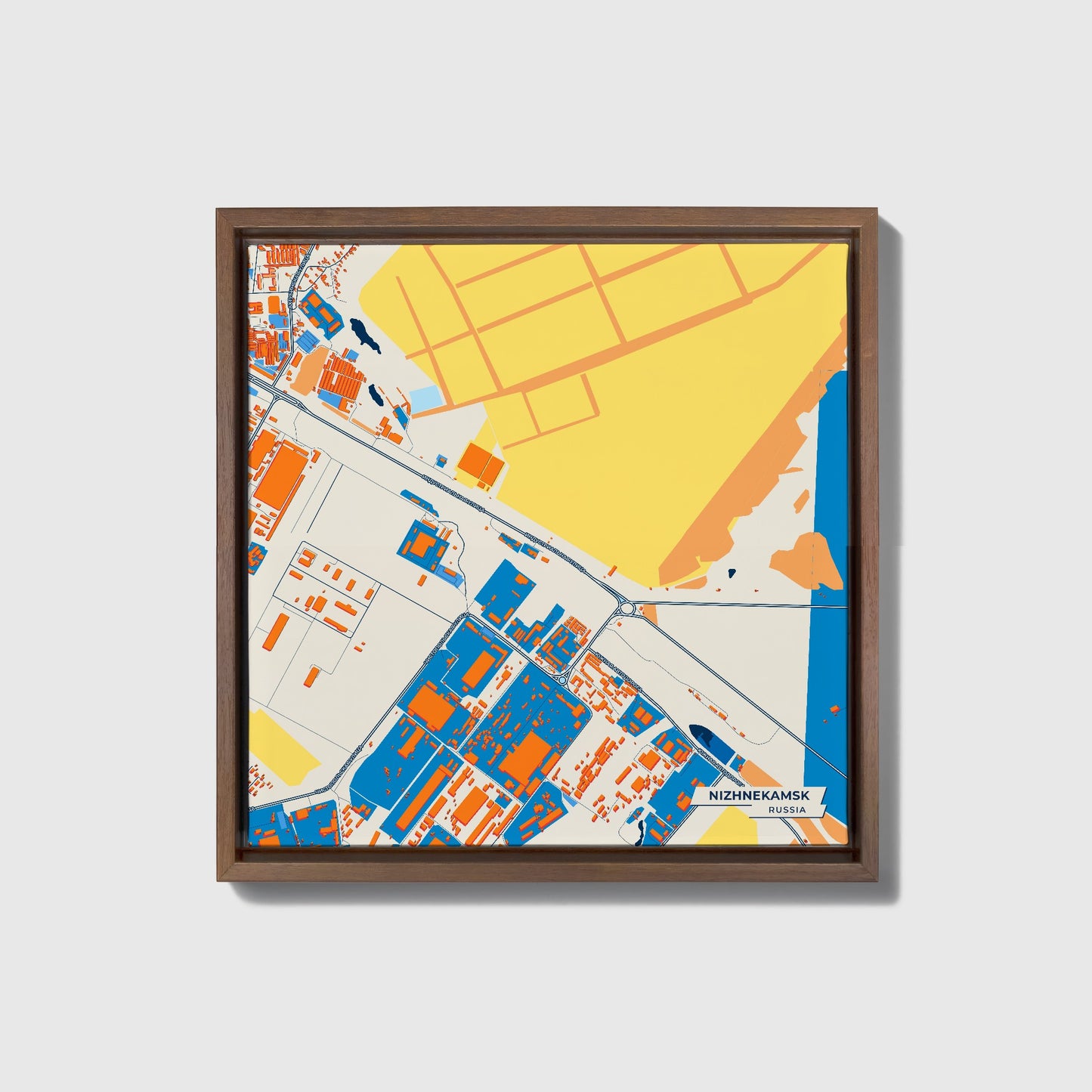 Нижнекамск Russia Colorful City Map Canvas Print • Dark Wooden Framed