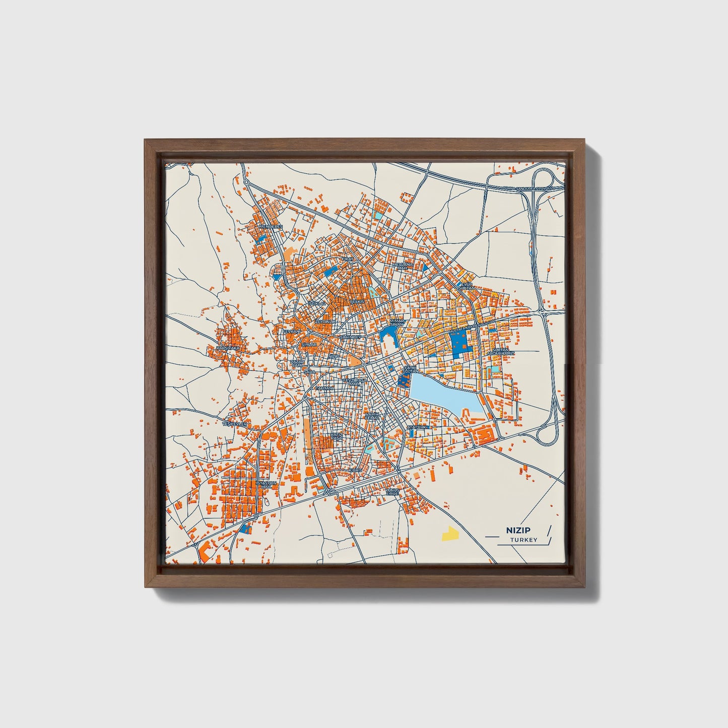 Nizip Turkey Colorful City Map Canvas Print • Dark Wooden Framed