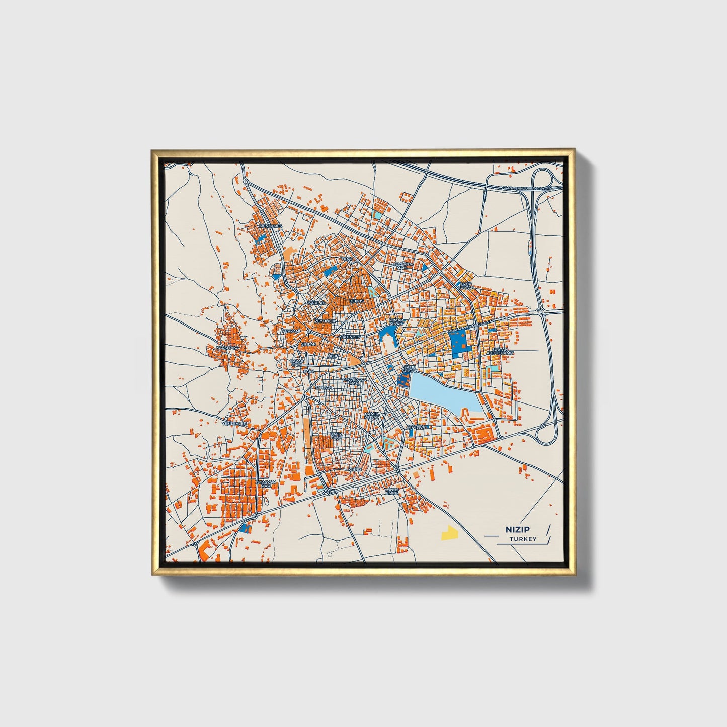 Nizip Turkey Colorful City Map Canvas Print • Gold Framed