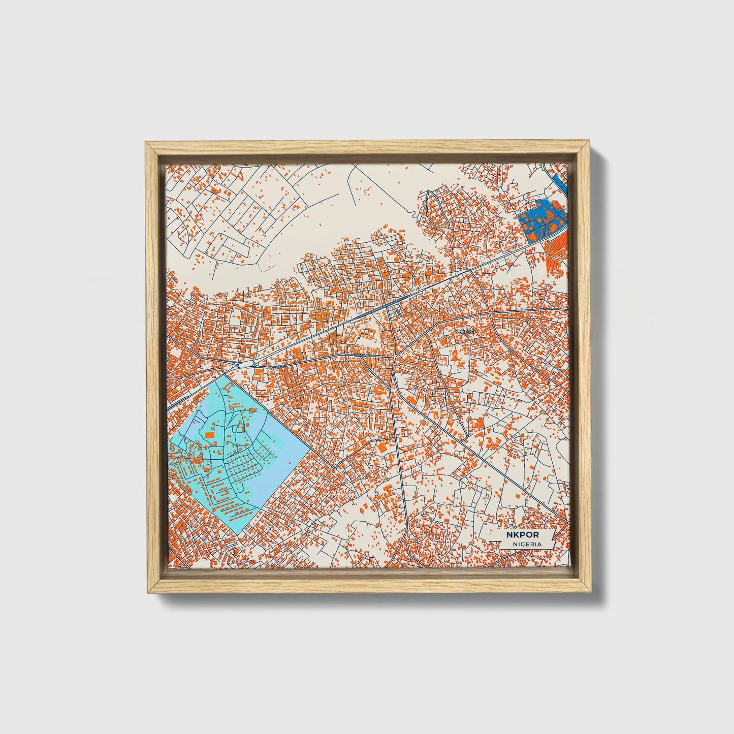 Nkpor Nigeria Colorful City Map Canvas Print • Natural Wooden Framed