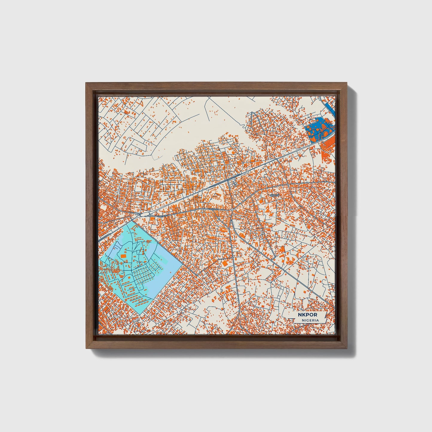 Nkpor Nigeria Colorful City Map Canvas Print • Dark Wooden Framed