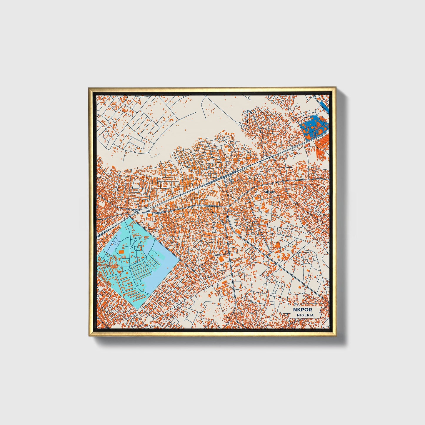 Nkpor Nigeria Colorful City Map Canvas Print • Gold Framed