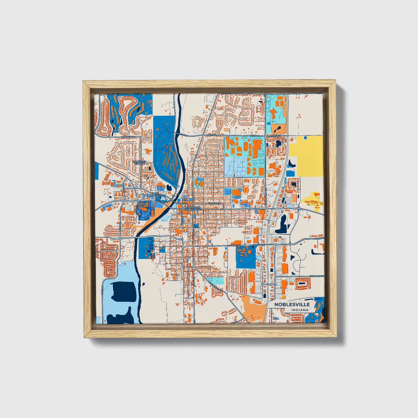 Noblesville Indiana Colorful City Map Canvas Print • Natural Wooden Framed