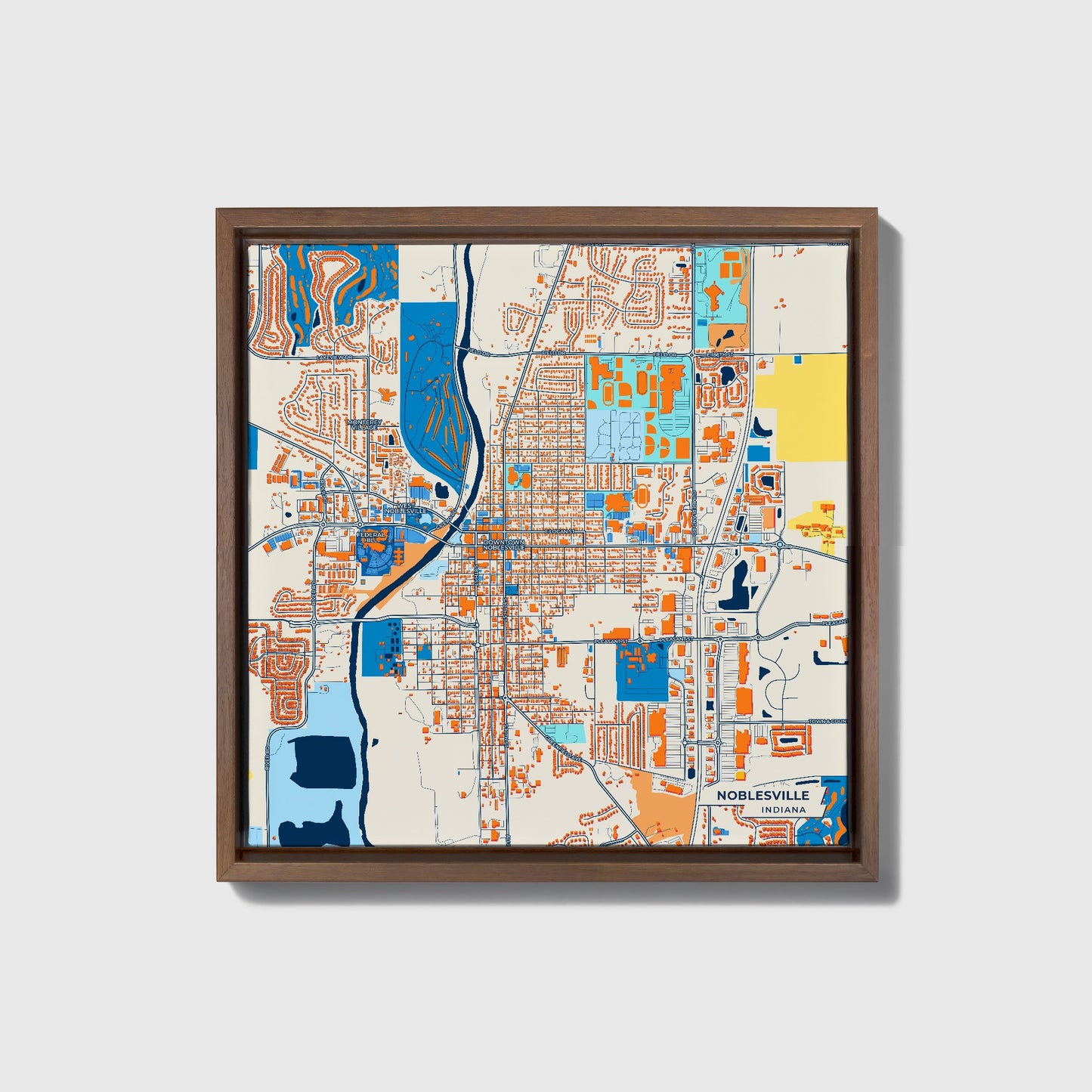 Noblesville Indiana Colorful City Map Canvas Print • Dark Wooden Framed