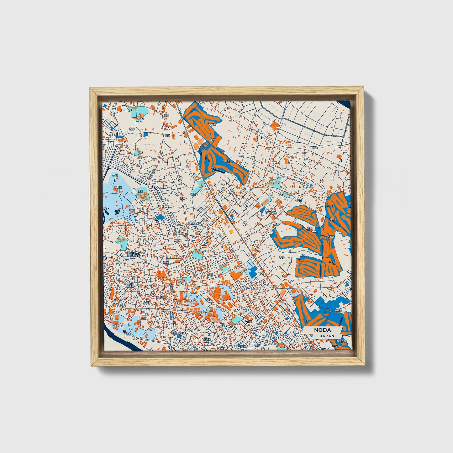Noda Japan Colorful City Map Canvas Print • Natural Wooden Framed
