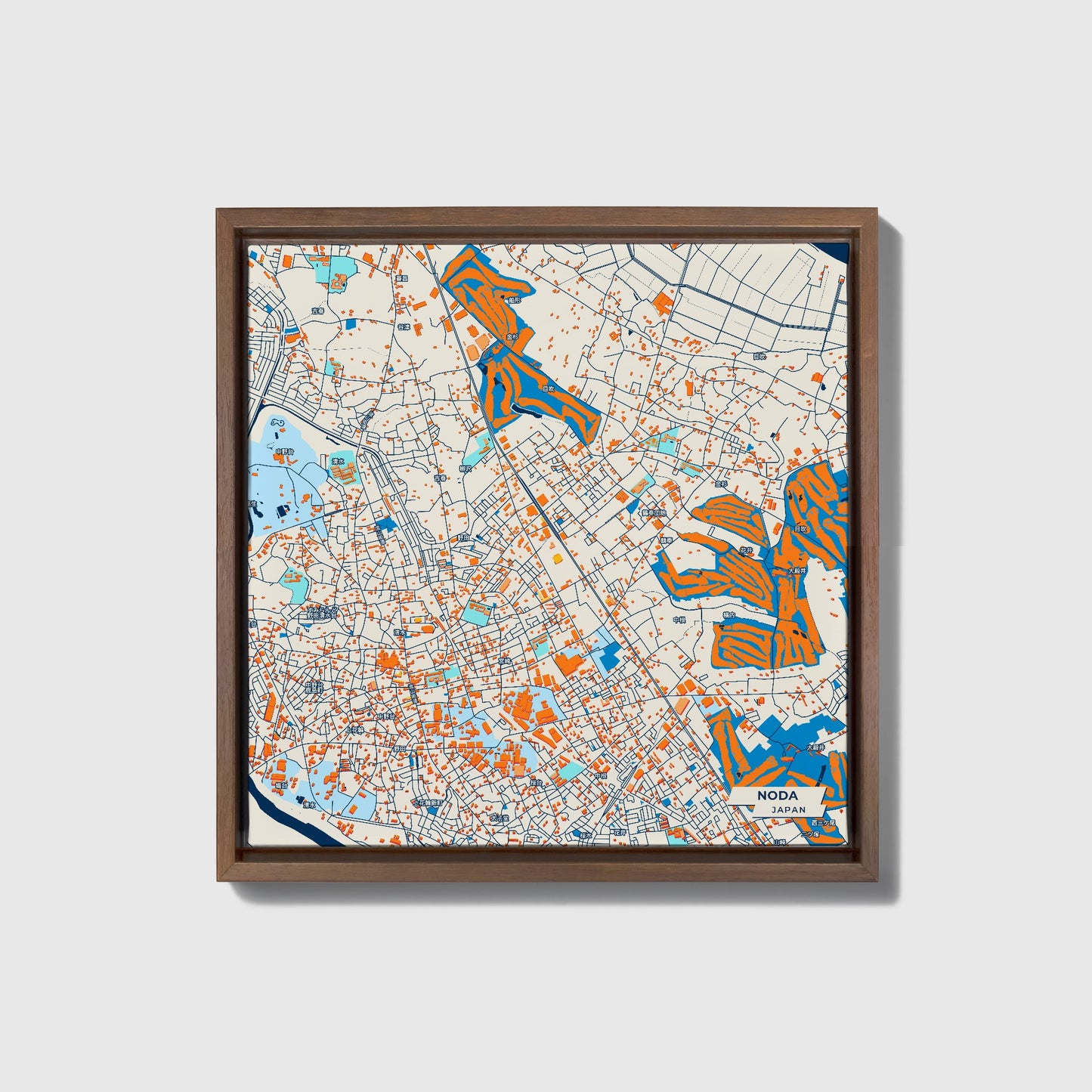 Noda Japan Colorful City Map Canvas Print • Dark Wooden Framed