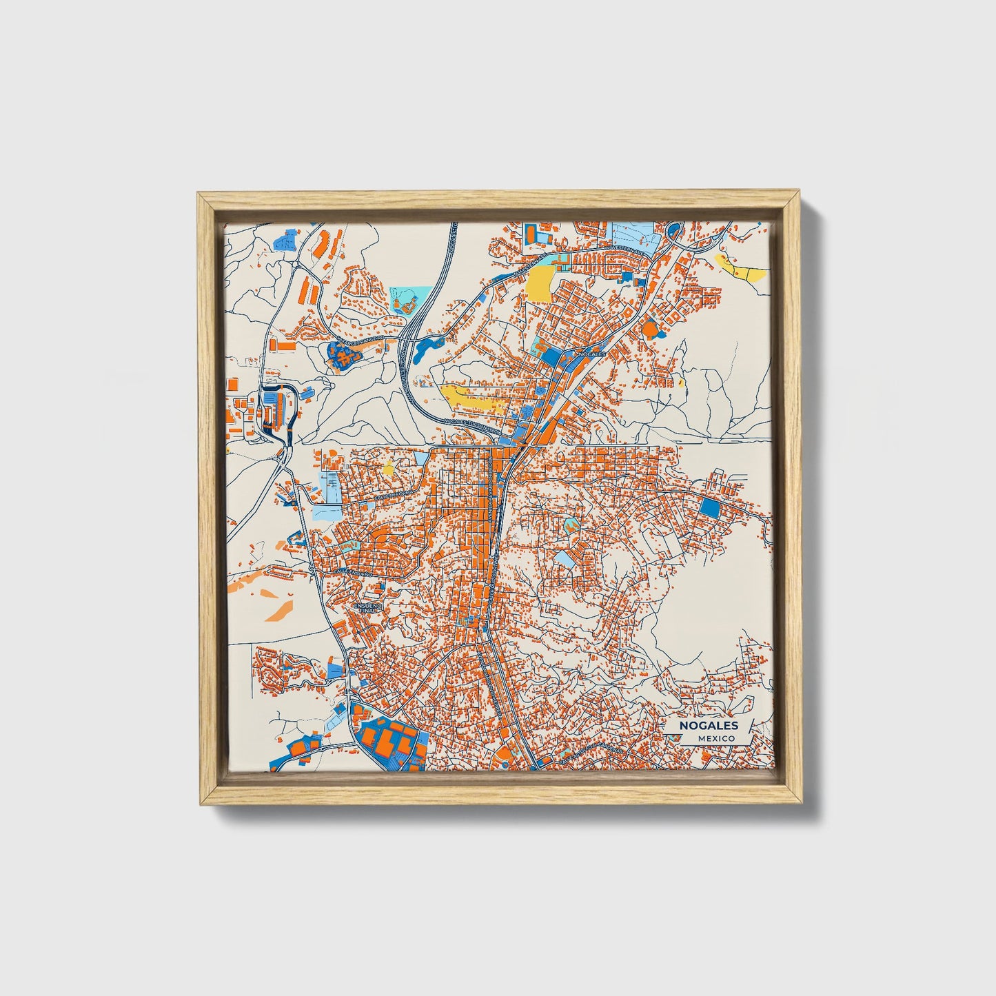 Nogales Mexico Colorful City Map Canvas Print • Natural Wooden Framed