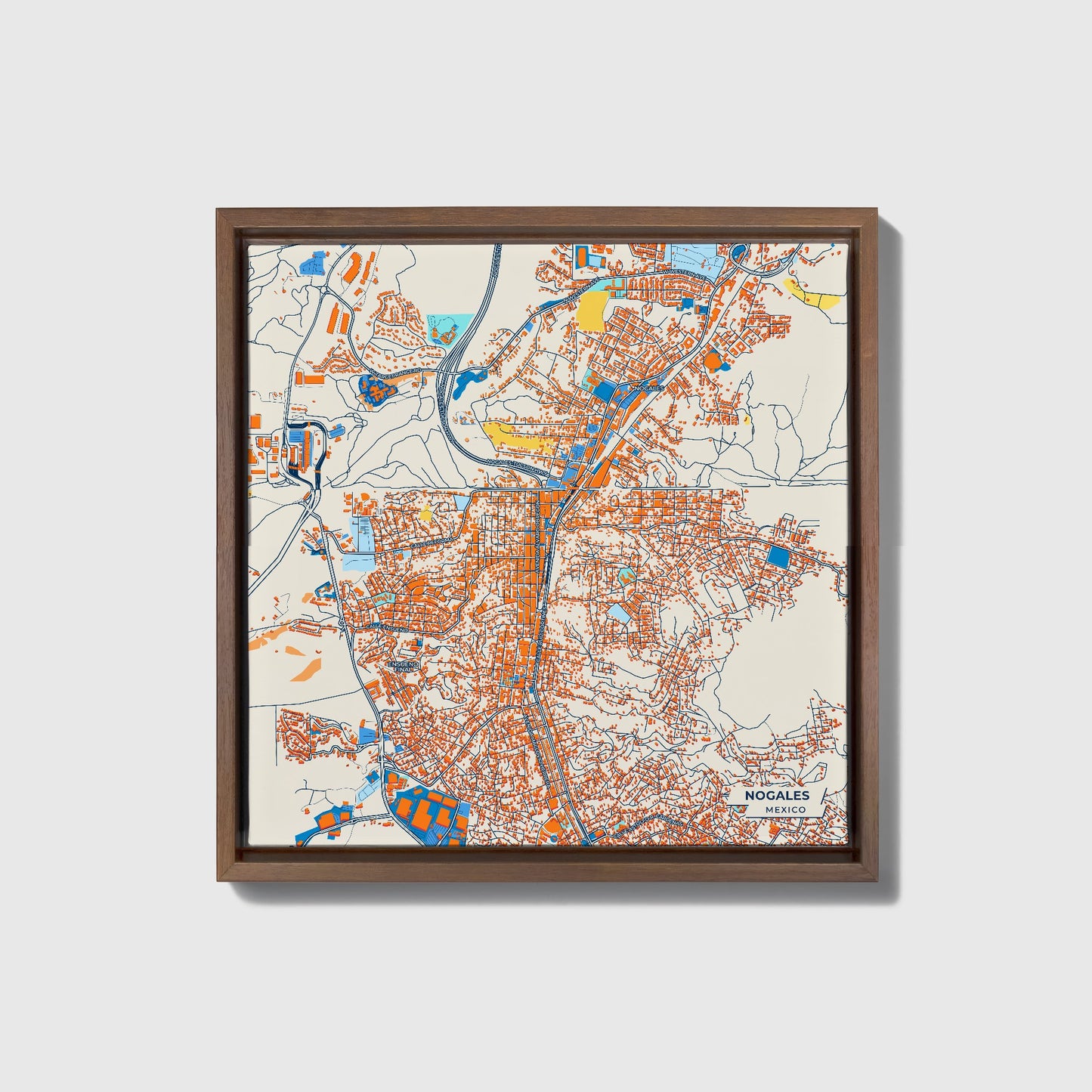 Nogales Mexico Colorful City Map Canvas Print • Dark Wooden Framed