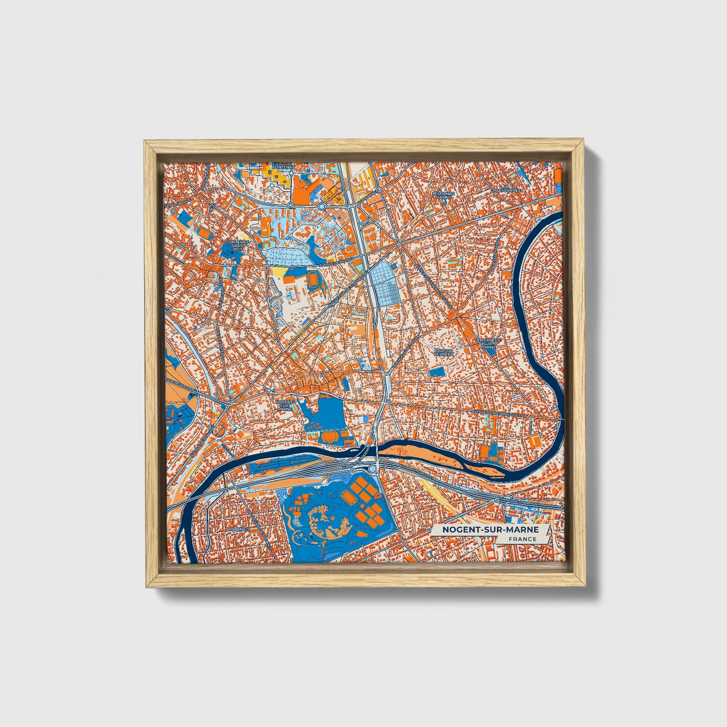 Nogent-Sur-Marne France Colorful City Map Canvas Print • Natural Wooden Framed