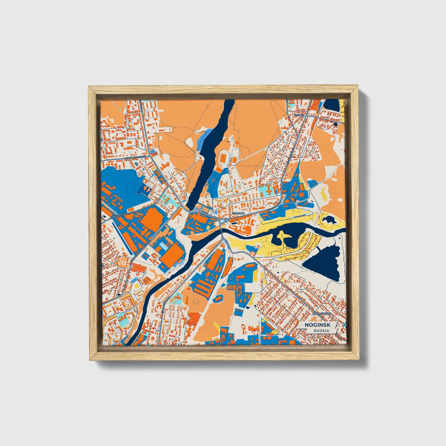 Ногинск Russia Colorful City Map Canvas Print • Natural Wooden Framed