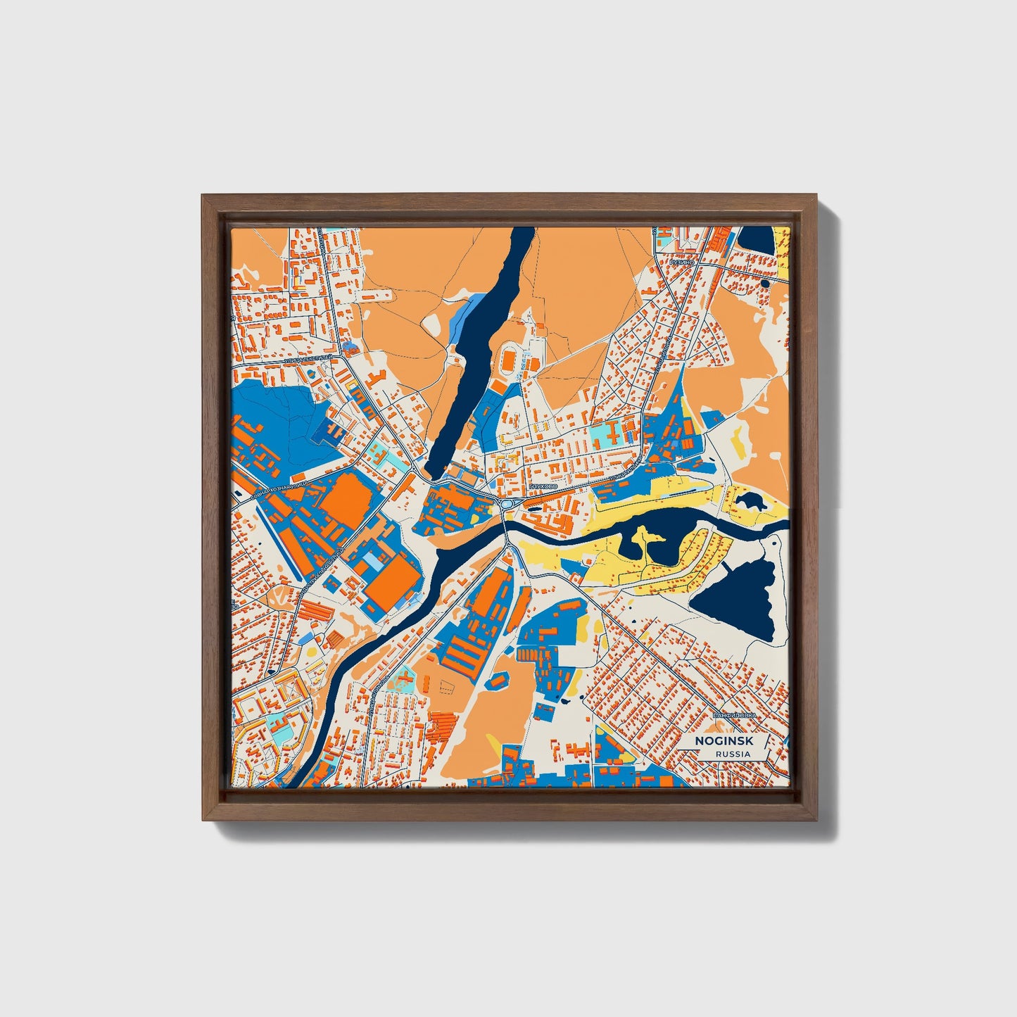 Ногинск Russia Colorful City Map Canvas Print • Dark Wooden Framed