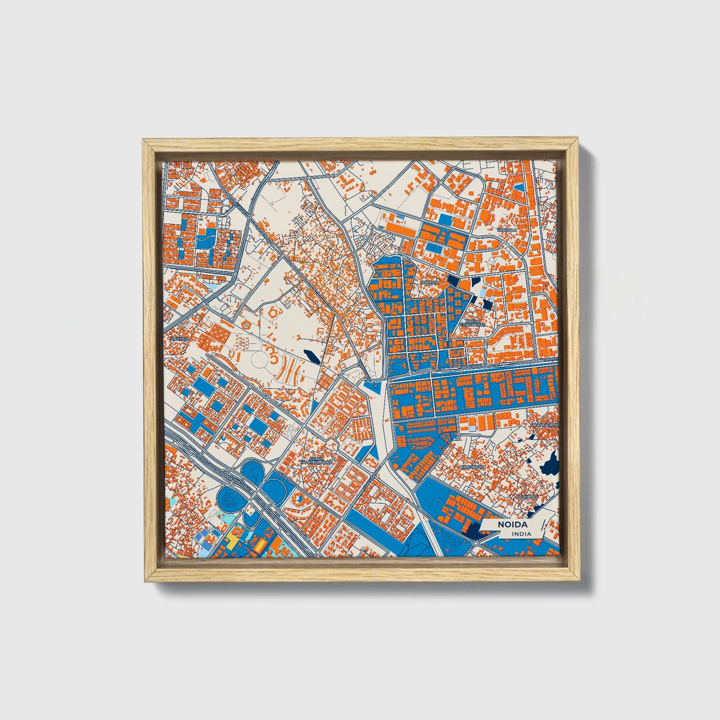 Noida India Colorful City Map Canvas Print • Natural Wooden Framed