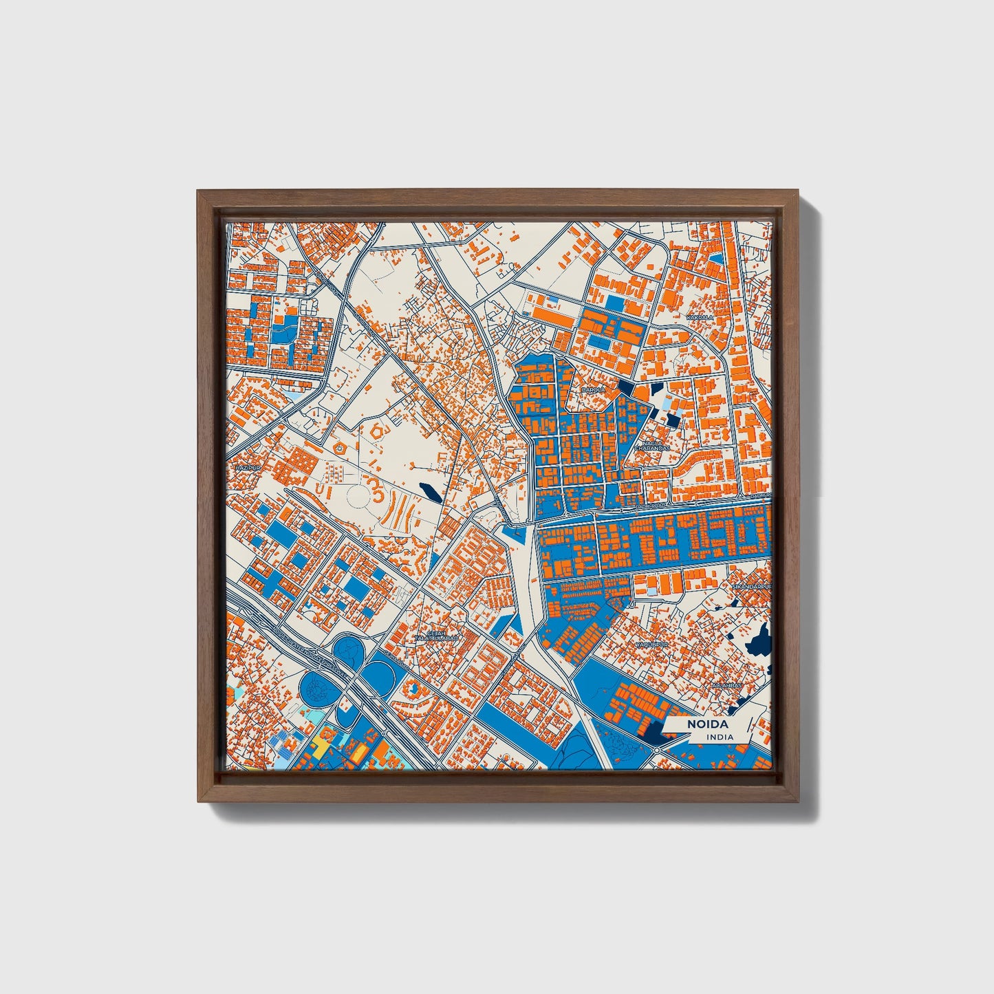 Noida India Colorful City Map Canvas Print • Dark Wooden Framed