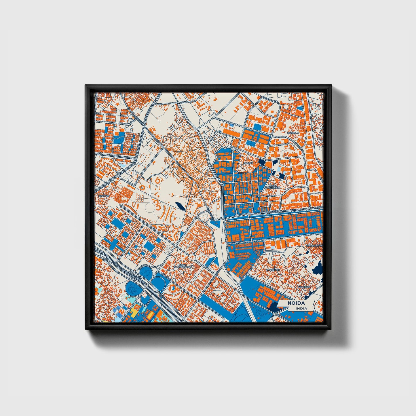 Noida India Colorful City Map Canvas Print • Black Framed