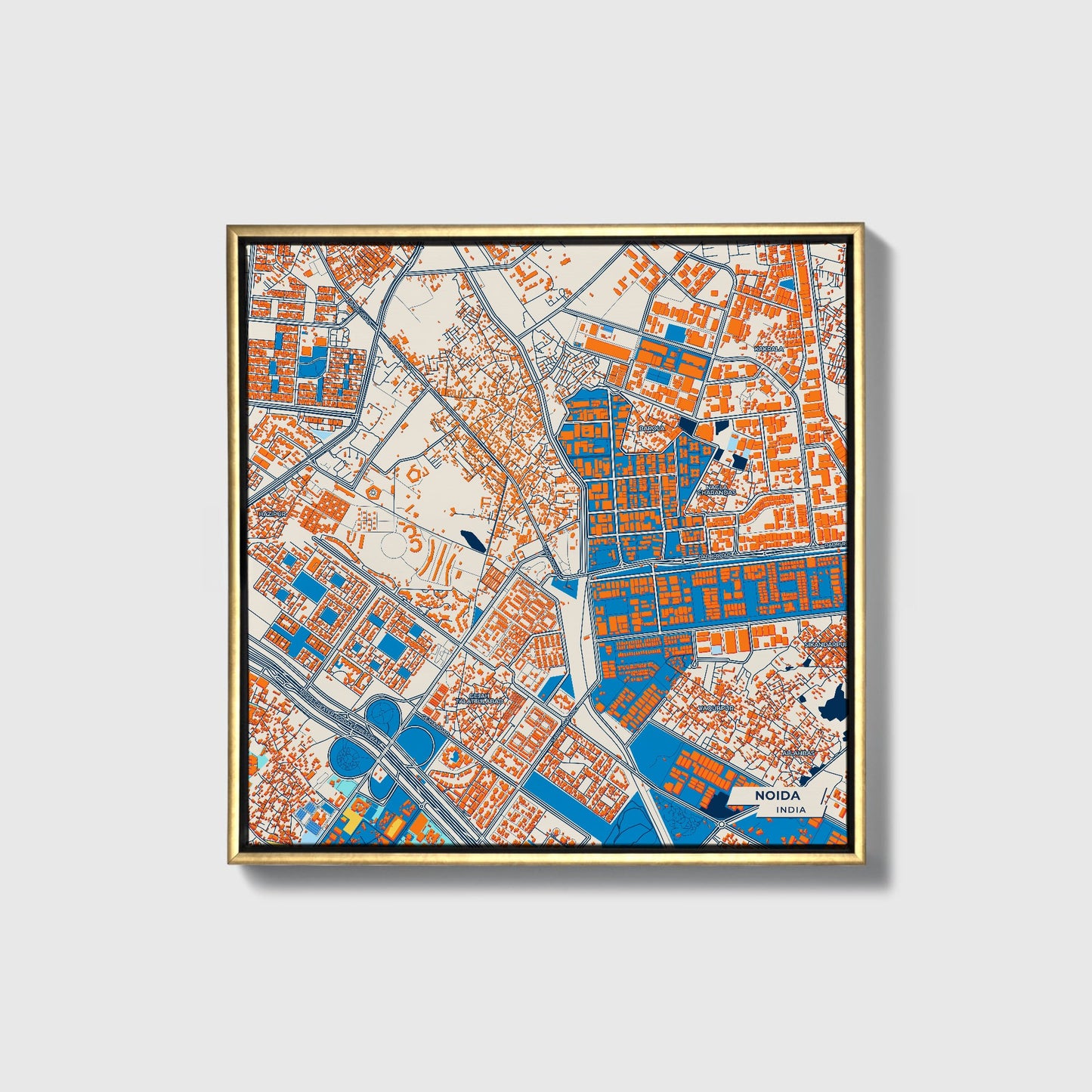 Noida India Colorful City Map Canvas Print • Gold Framed