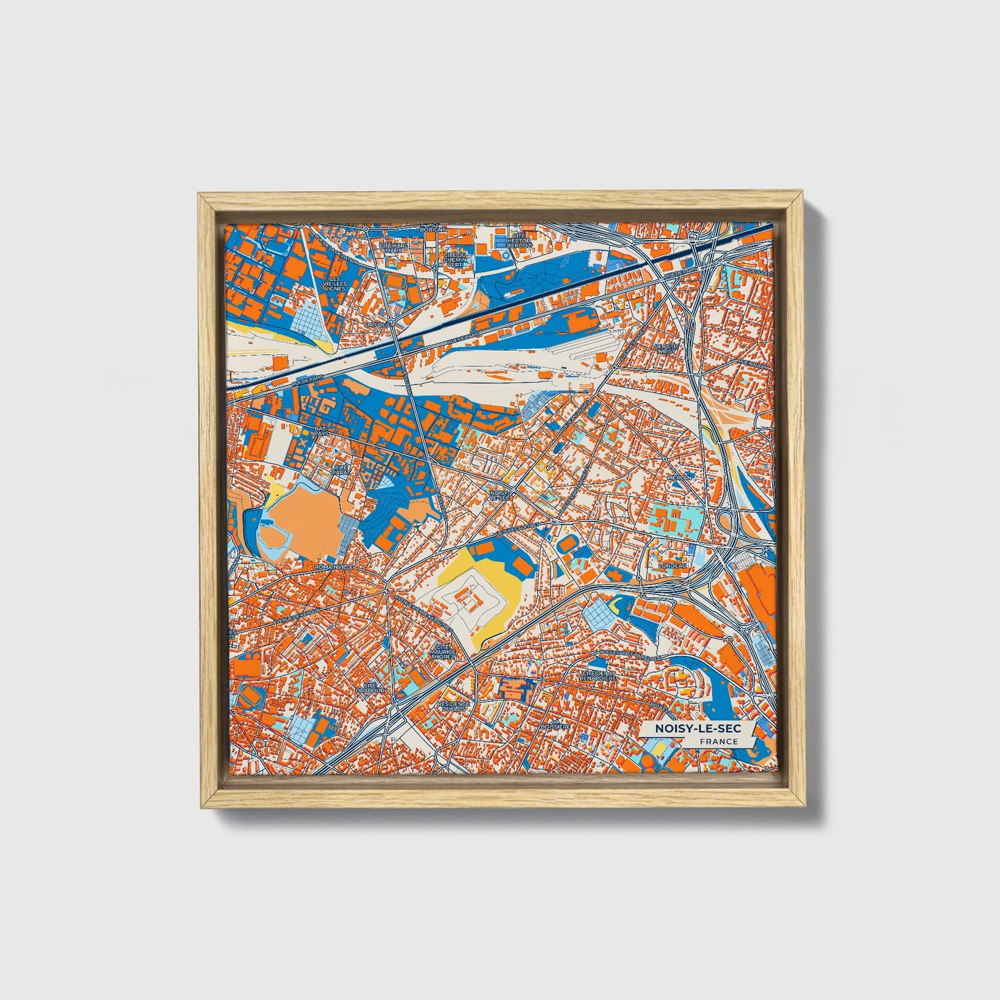 Noisy-Le-Sec France Colorful City Map Canvas Print • Natural Wooden Framed