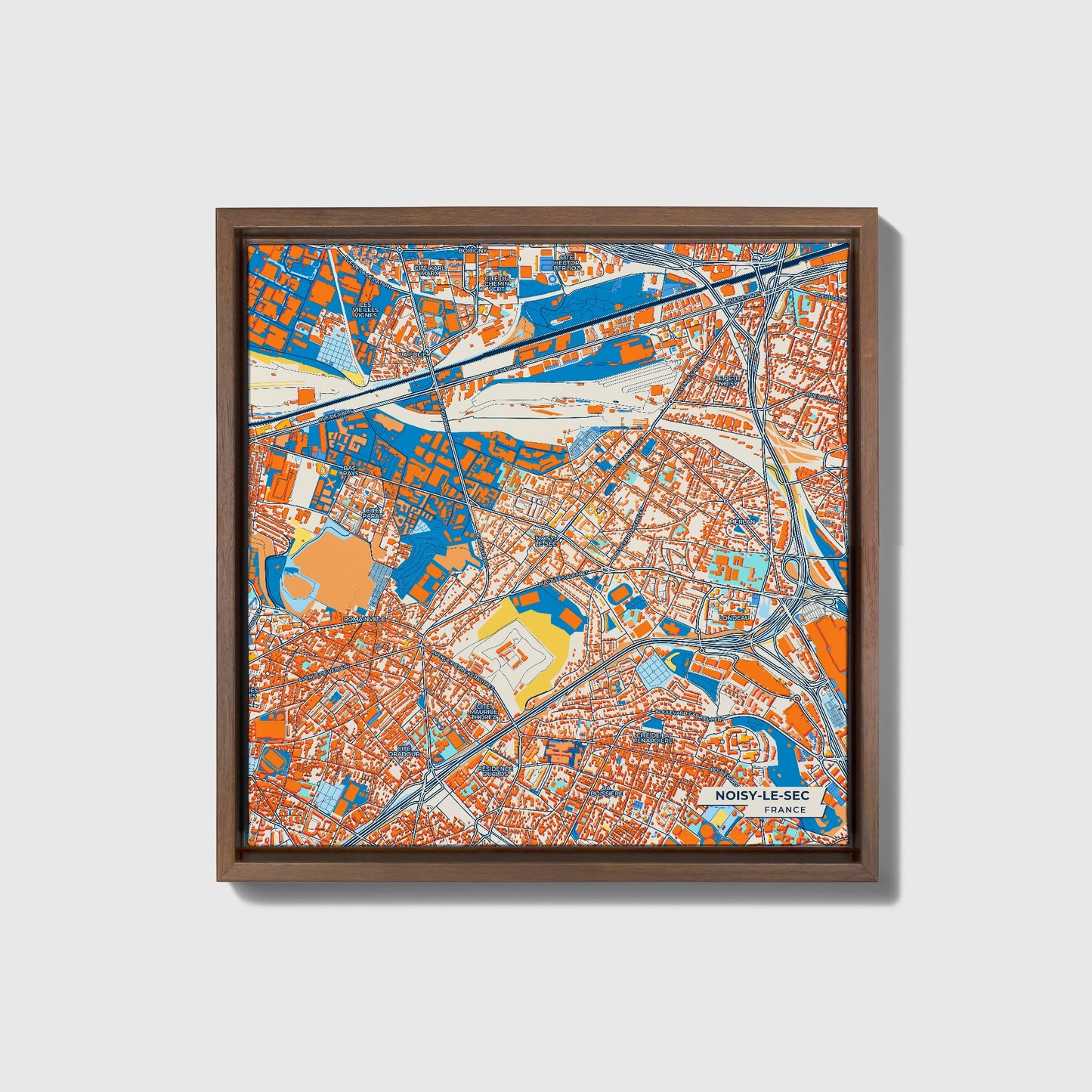 Noisy-Le-Sec France Colorful City Map Canvas Print • Dark Wooden Framed