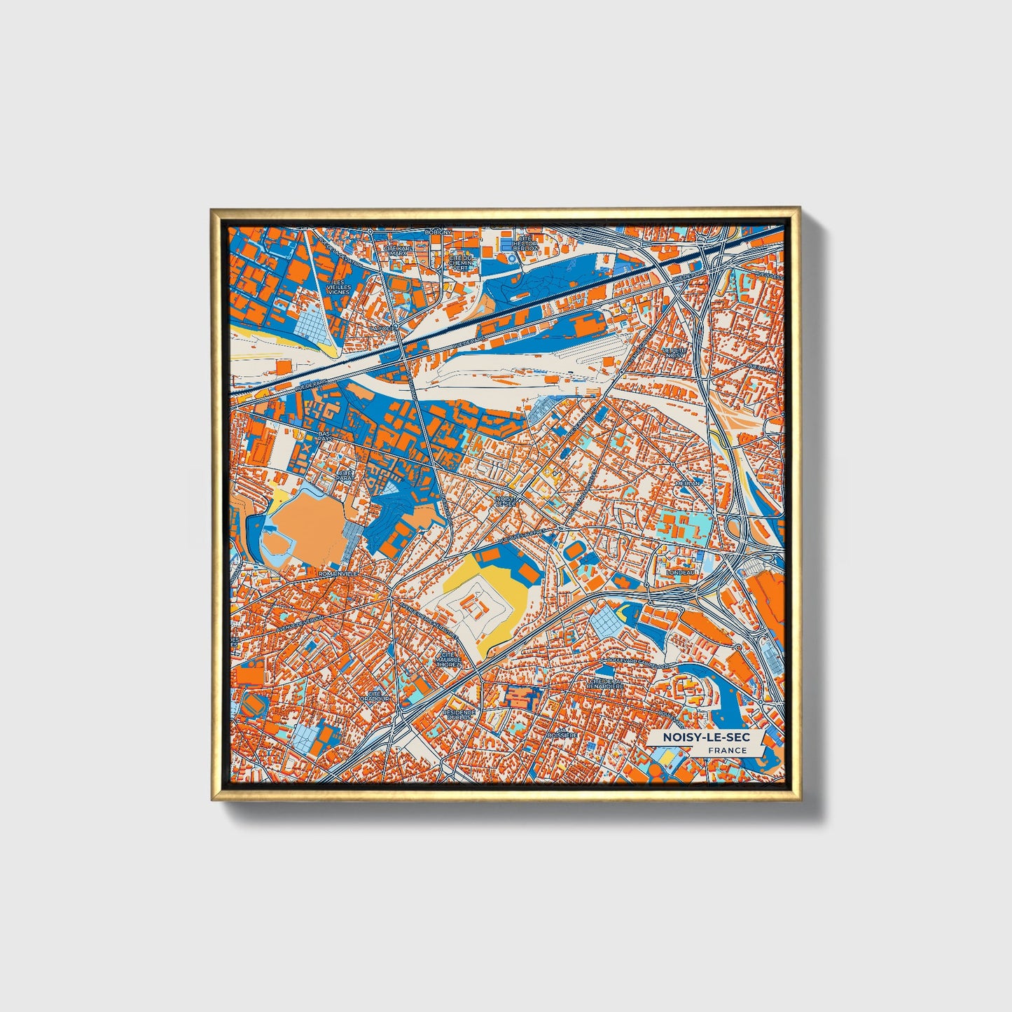 Noisy-Le-Sec France Colorful City Map Canvas Print • Gold Framed