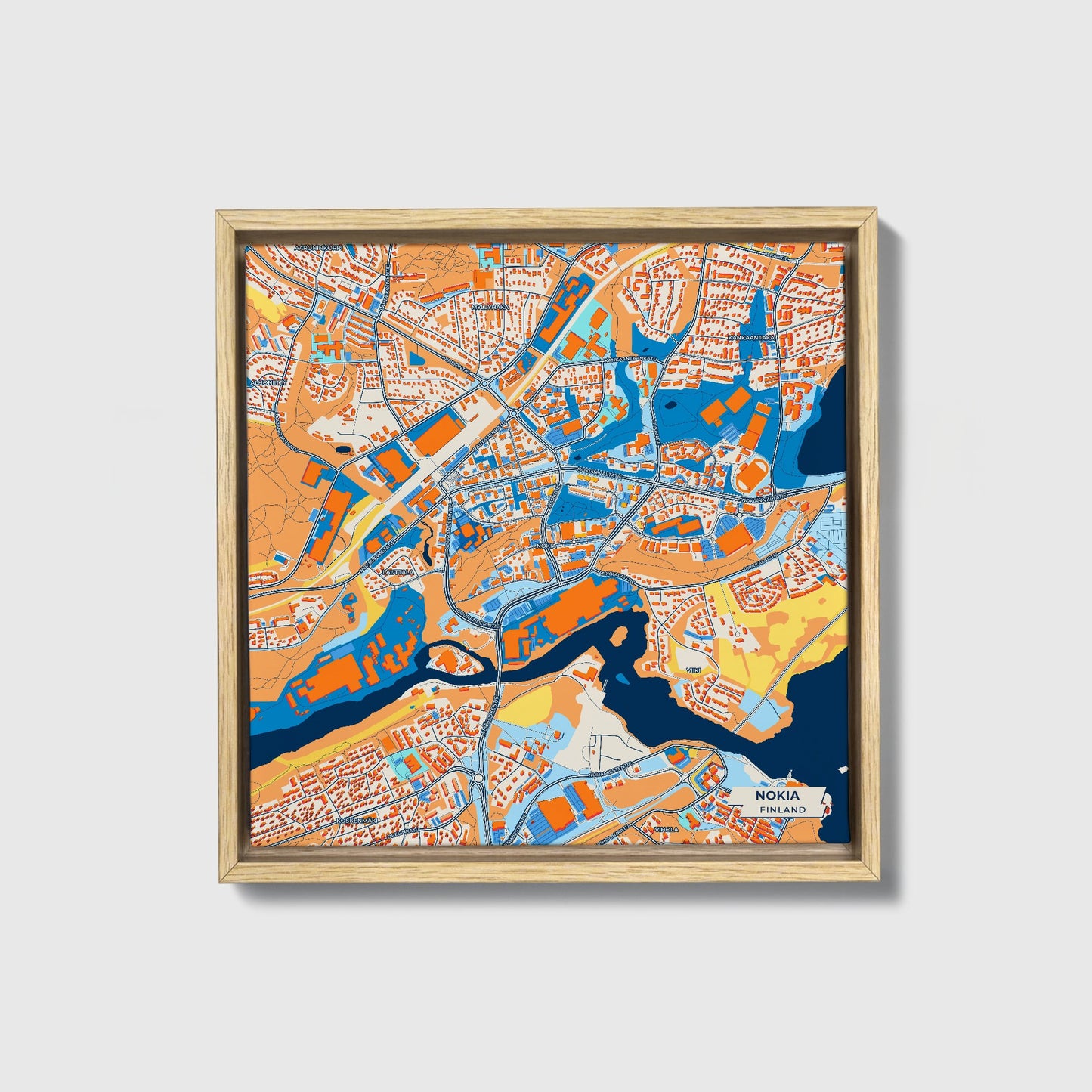 Nokia Finland Colorful City Map Canvas Print • Natural Wooden Framed