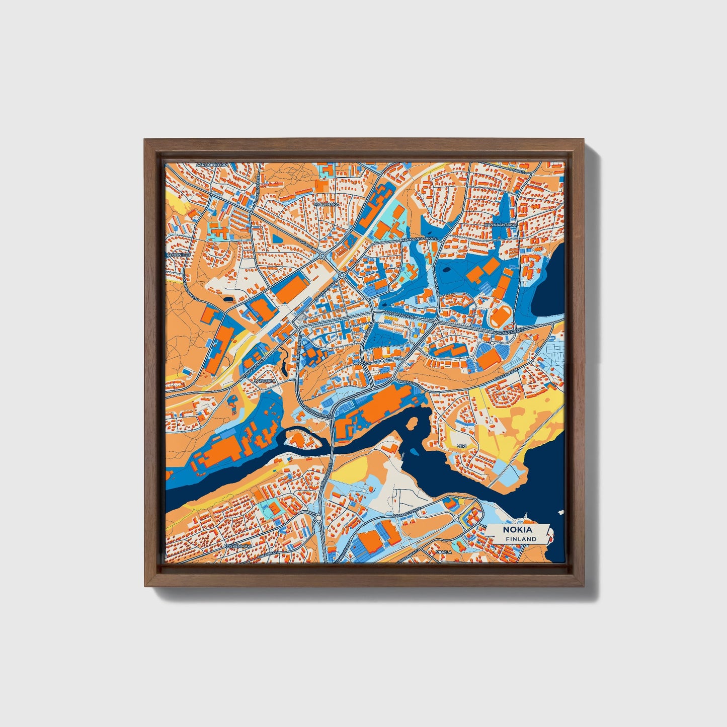 Nokia Finland Colorful City Map Canvas Print • Dark Wooden Framed