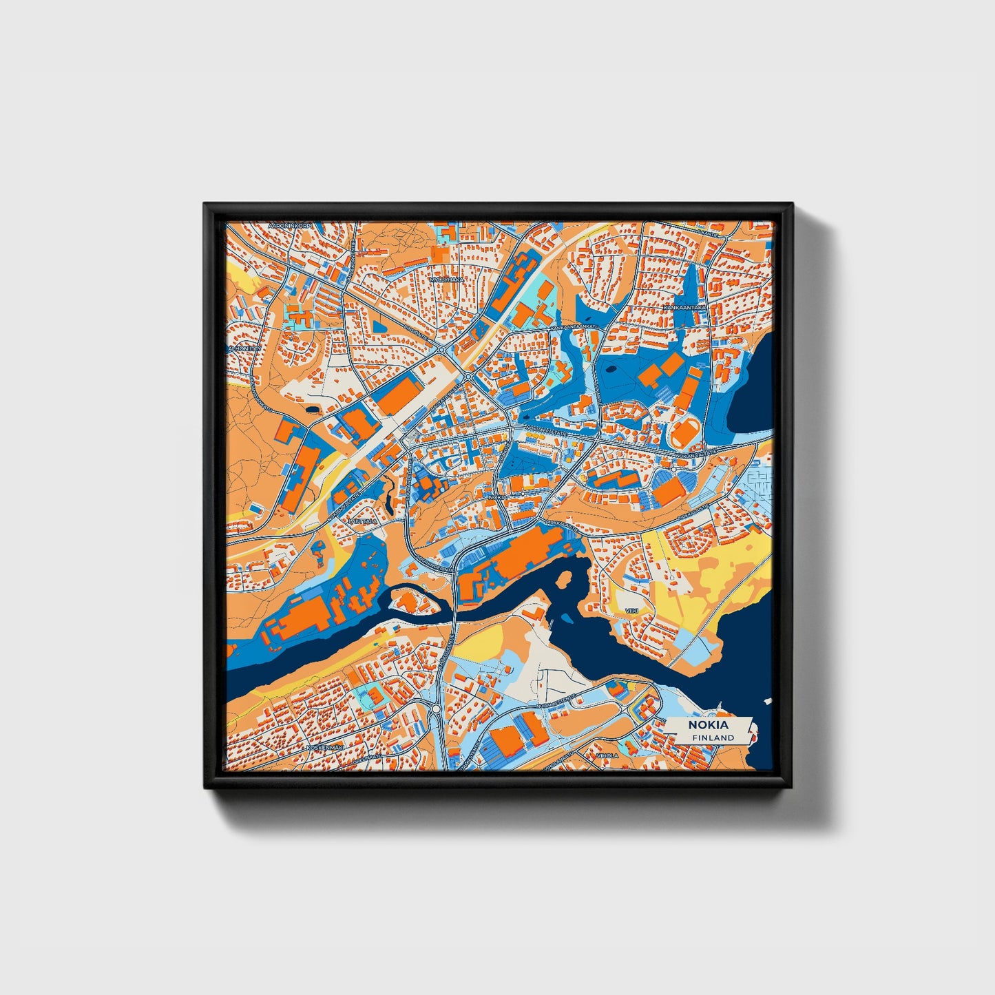 Nokia Finland Colorful City Map Canvas Print • Black Framed