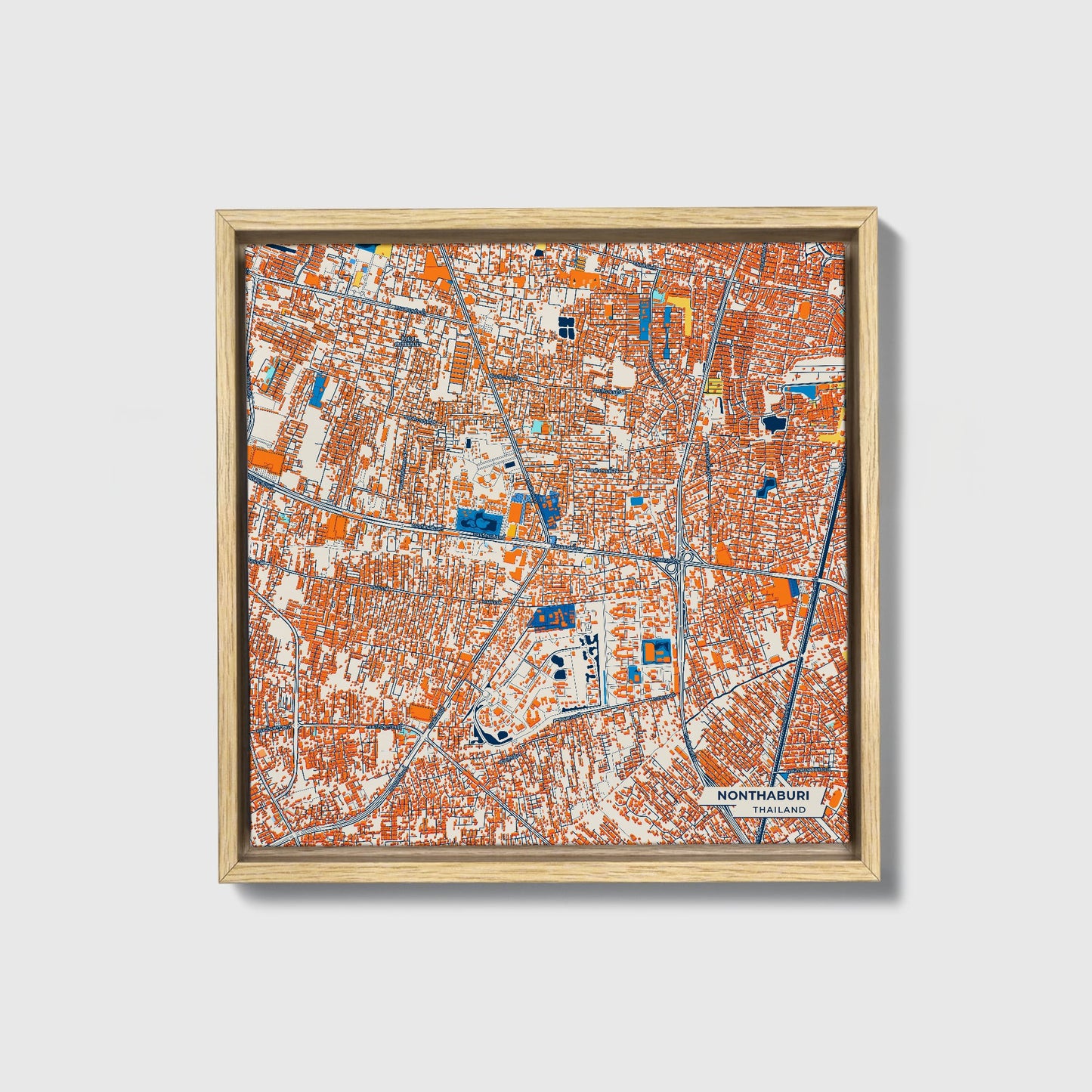 Nonthaburi Thailand Colorful City Map Canvas Print • Natural Wooden Framed