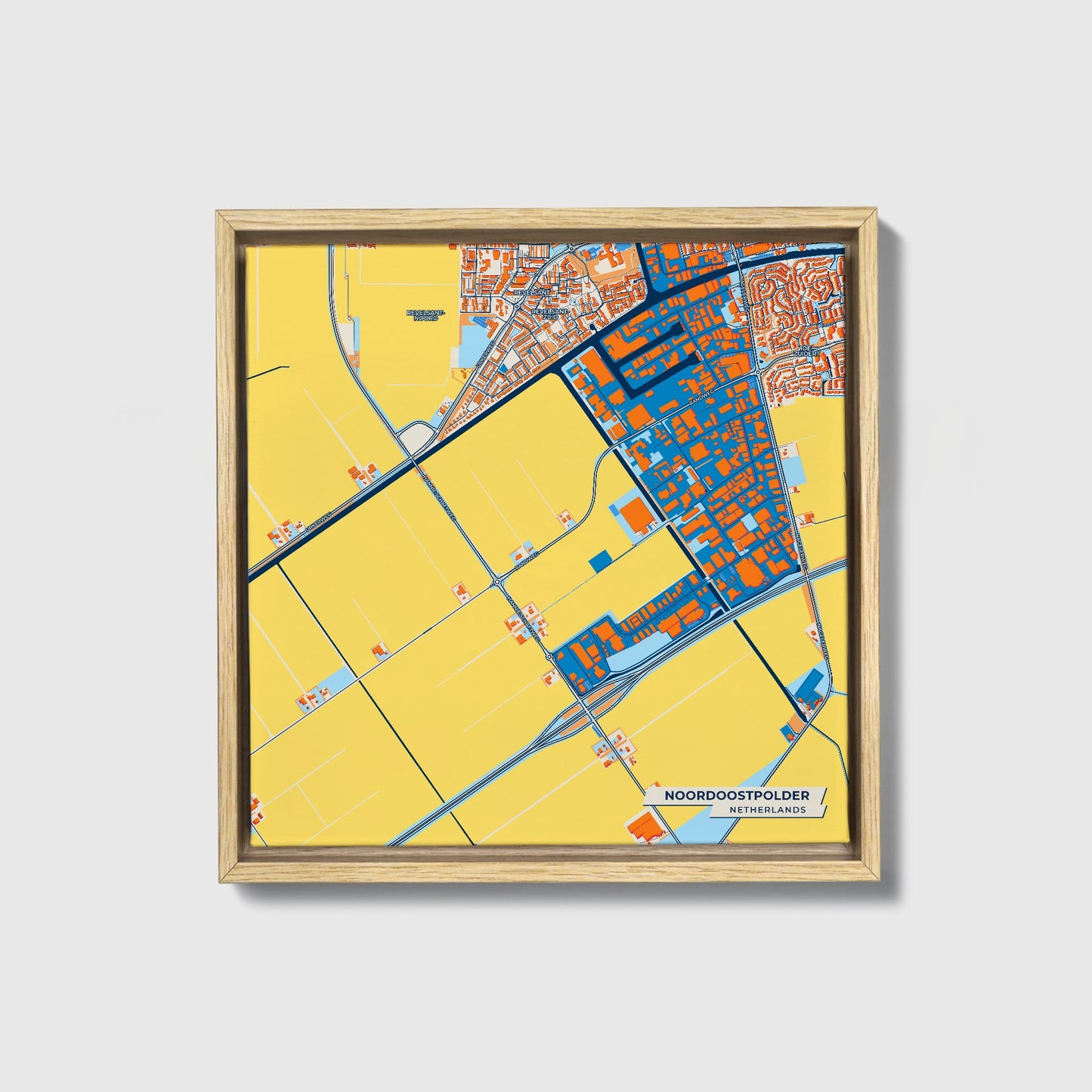 Noordoostpolder Netherlands Colorful City Map Canvas Print • Natural Wooden Framed