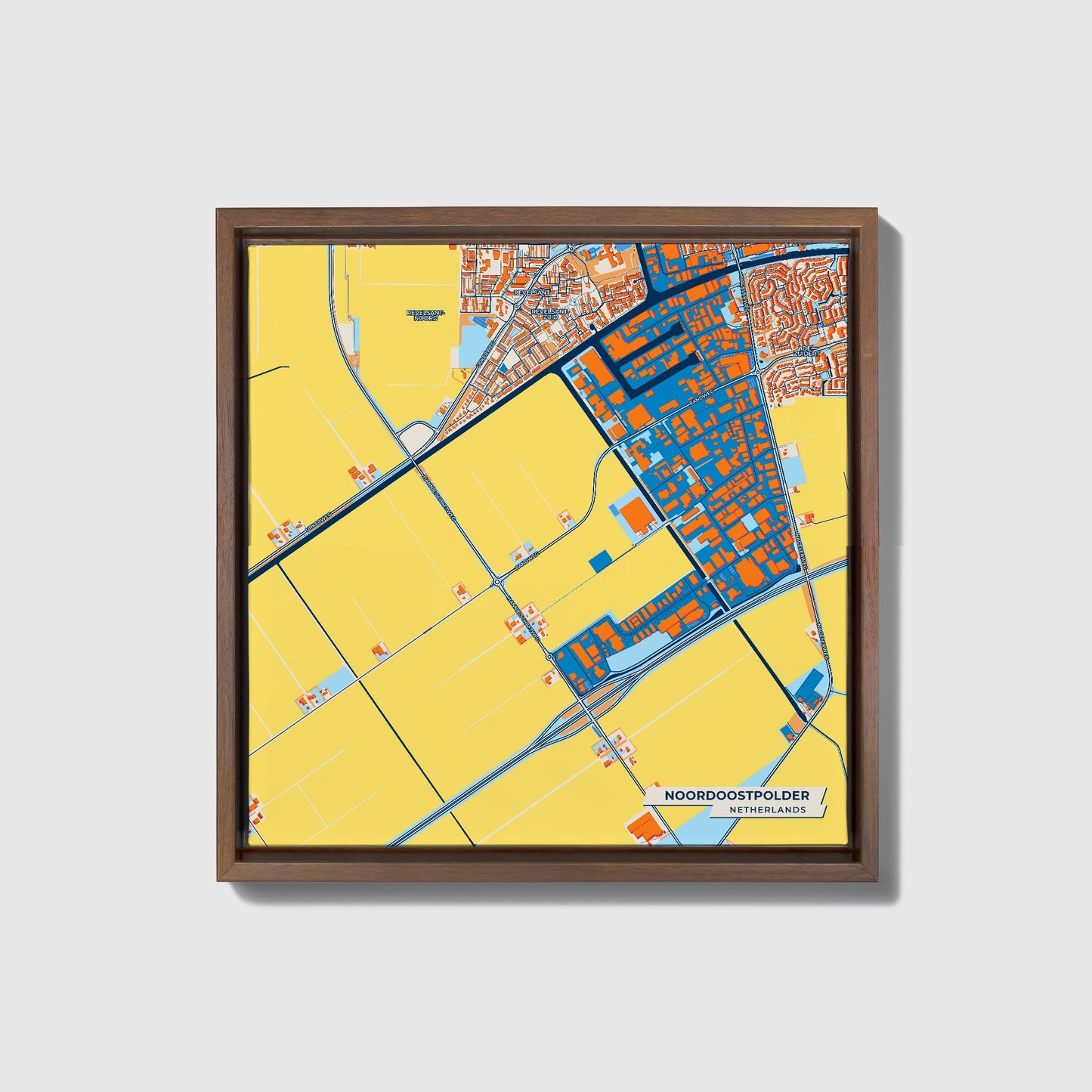 Noordoostpolder Netherlands Colorful City Map Canvas Print • Dark Wooden Framed