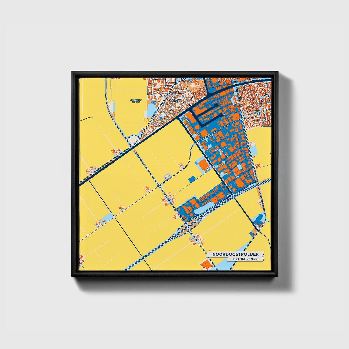 Noordoostpolder Netherlands Colorful City Map Canvas Print • Black Framed