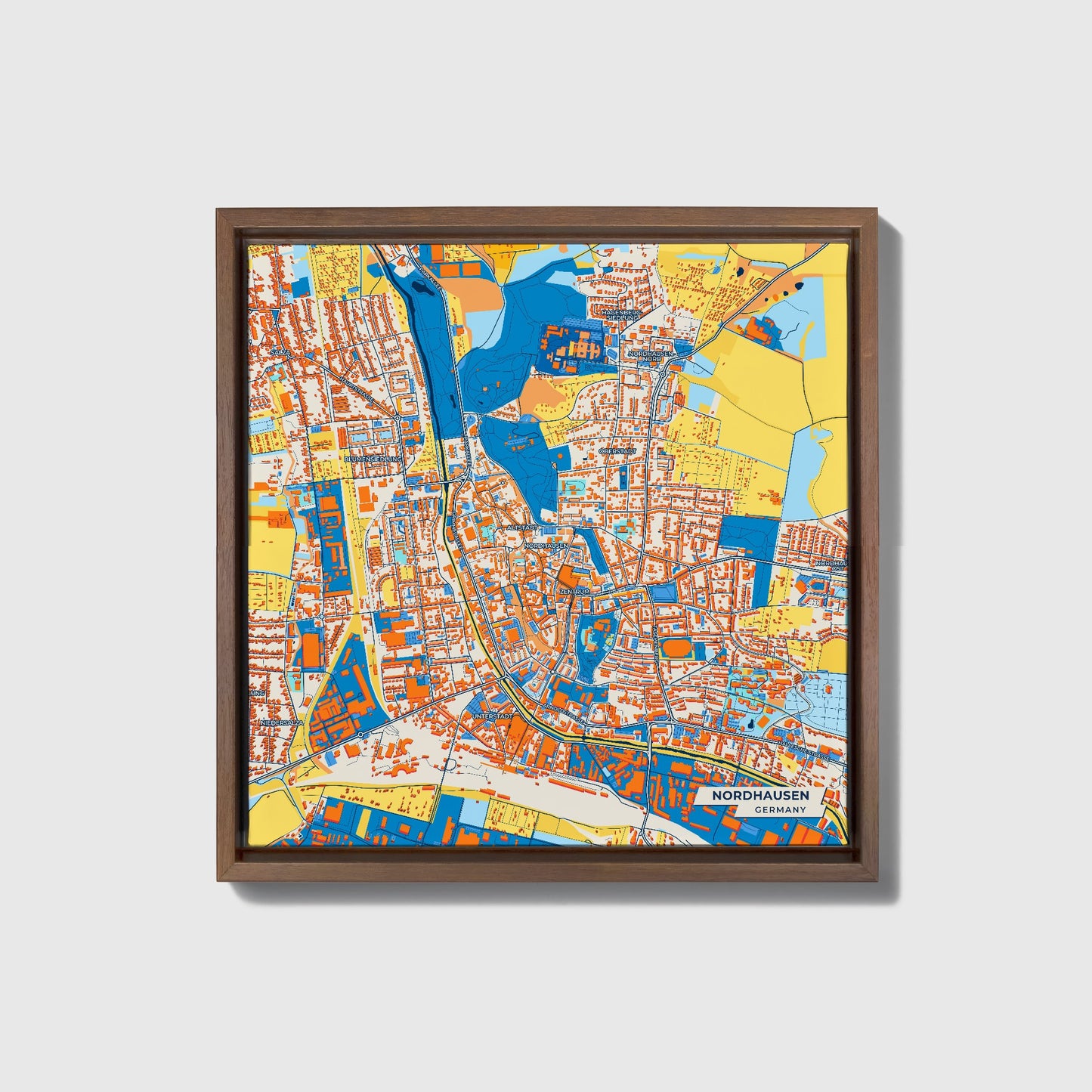 Nordhausen Germany Colorful City Map Canvas Print • Dark Wooden Framed