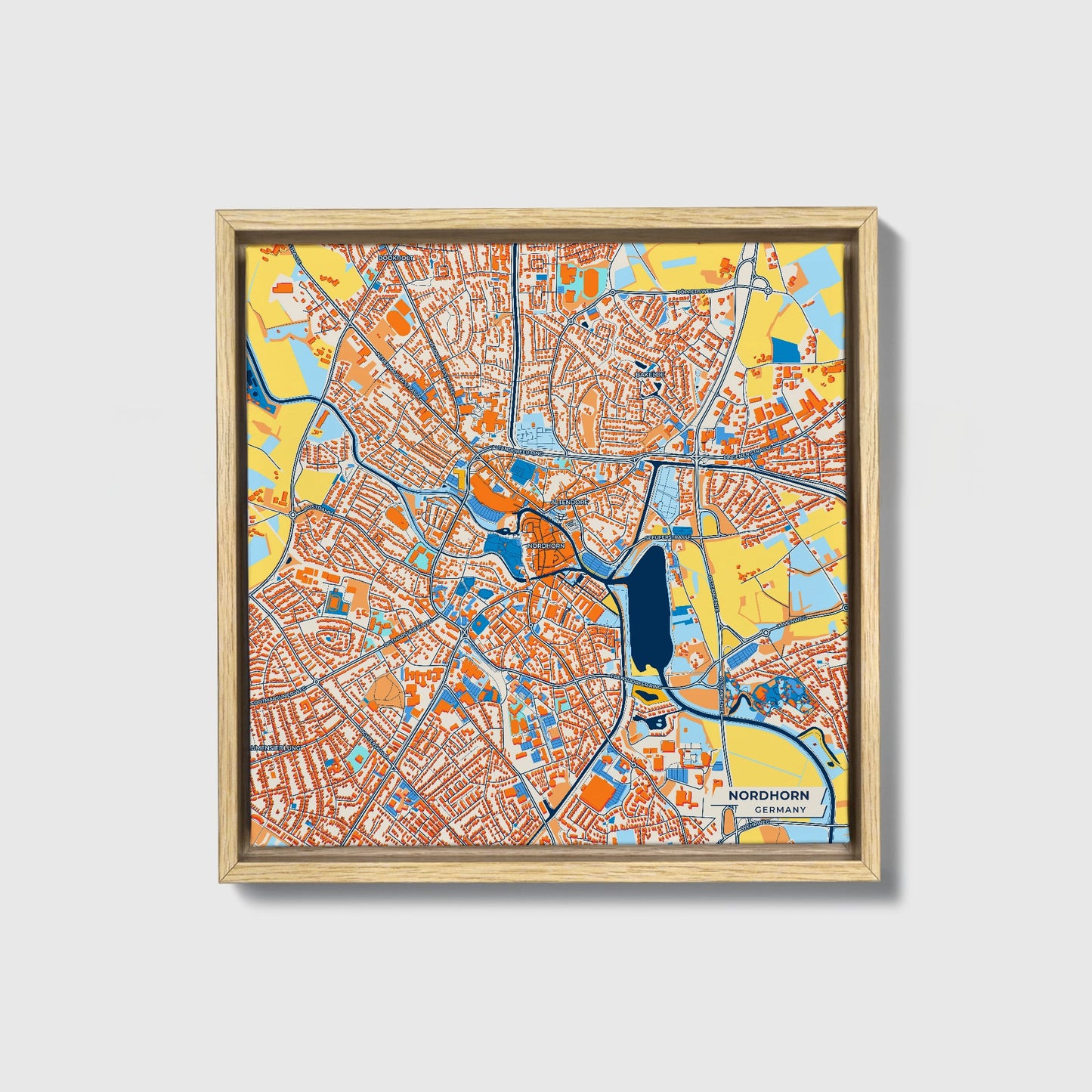 Nordhorn Germany Colorful City Map Canvas Print • Natural Wooden Framed