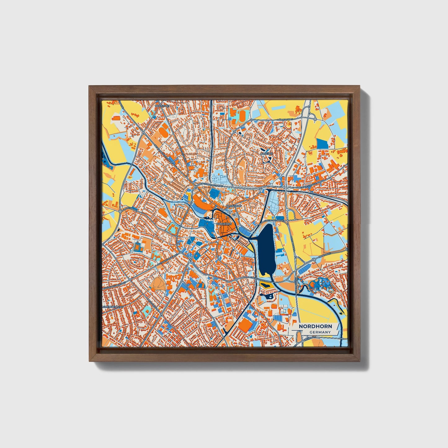 Nordhorn Germany Colorful City Map Canvas Print • Dark Wooden Framed