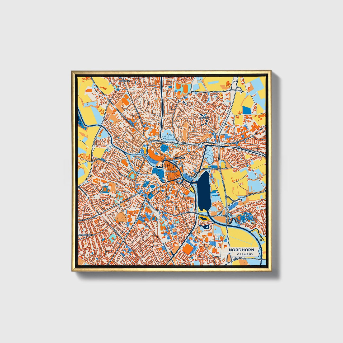 Nordhorn Germany Colorful City Map Canvas Print • Gold Framed