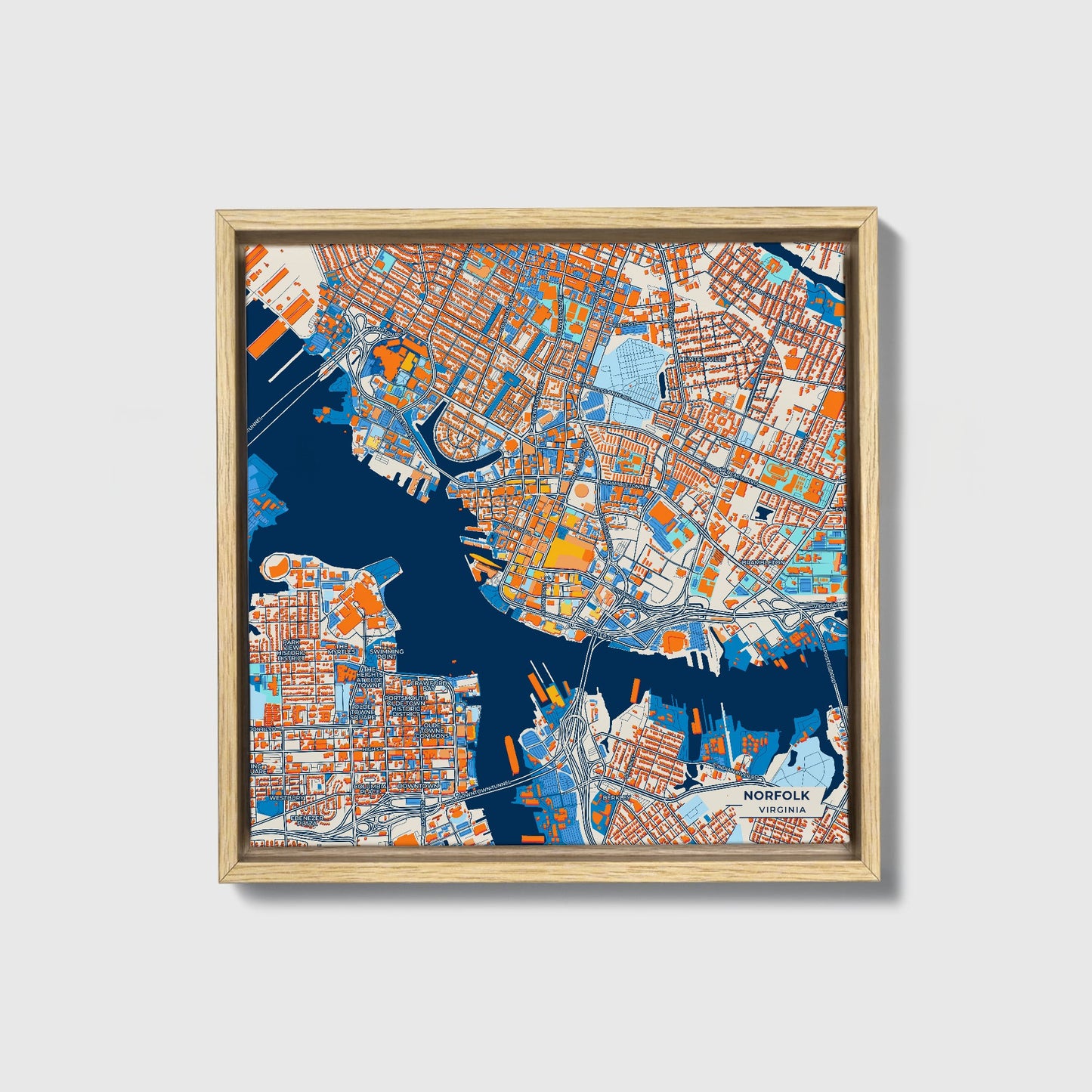 Norfolk Virginia Colorful City Map Canvas Print • Natural Wooden Framed