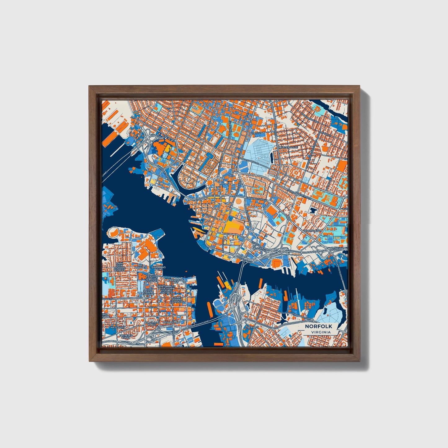 Norfolk Virginia Colorful City Map Canvas Print • Dark Wooden Framed