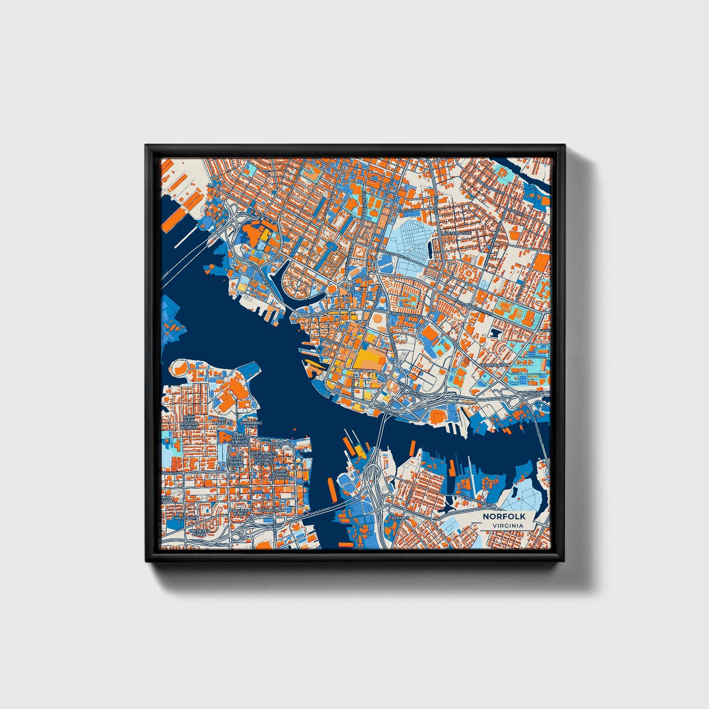 Norfolk Virginia Colorful City Map Canvas Print • Black Framed