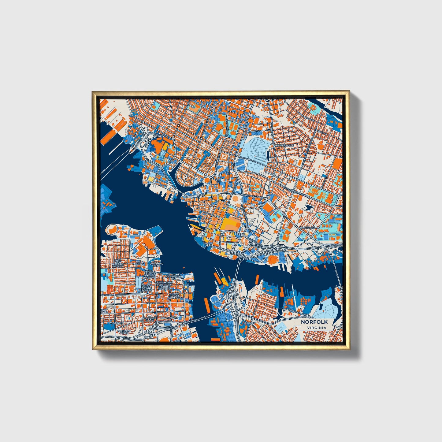 Norfolk Virginia Colorful City Map Canvas Print • Gold Framed