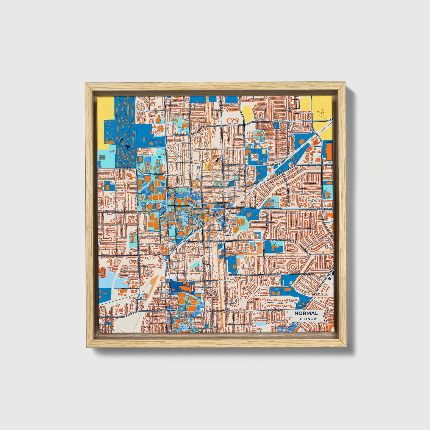 Normal Illinois Colorful City Map Canvas Print • Natural Wooden Framed