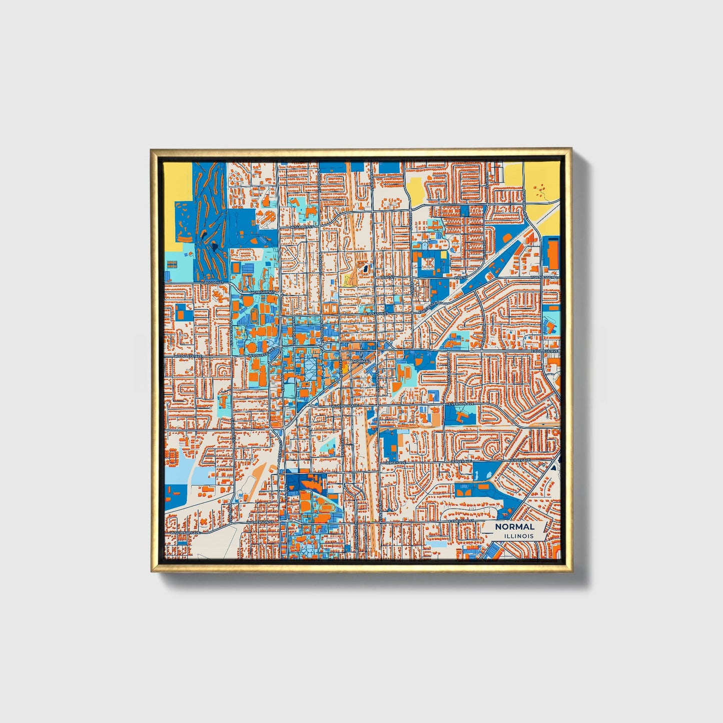 Normal Illinois Colorful City Map Canvas Print • Gold Framed