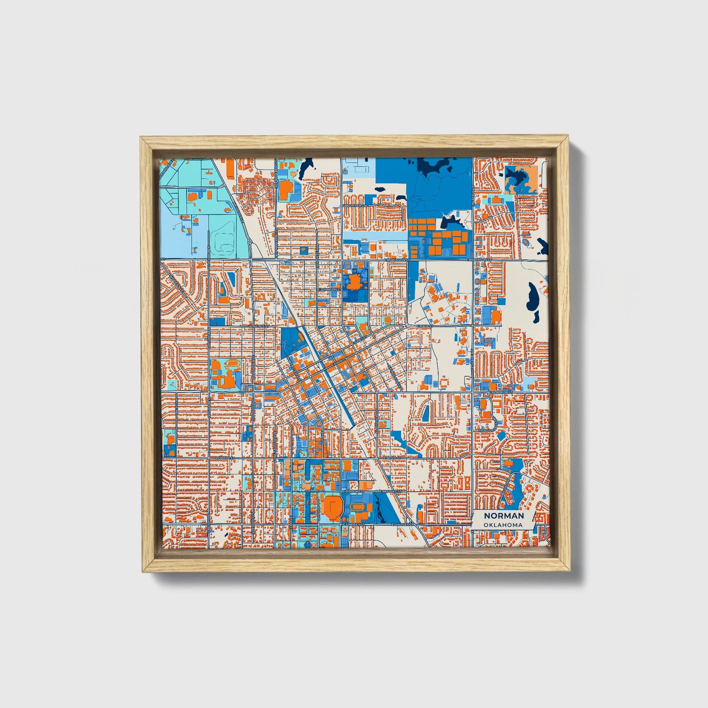 Norman Oklahoma Colorful City Map Canvas Print • Natural Wooden Framed