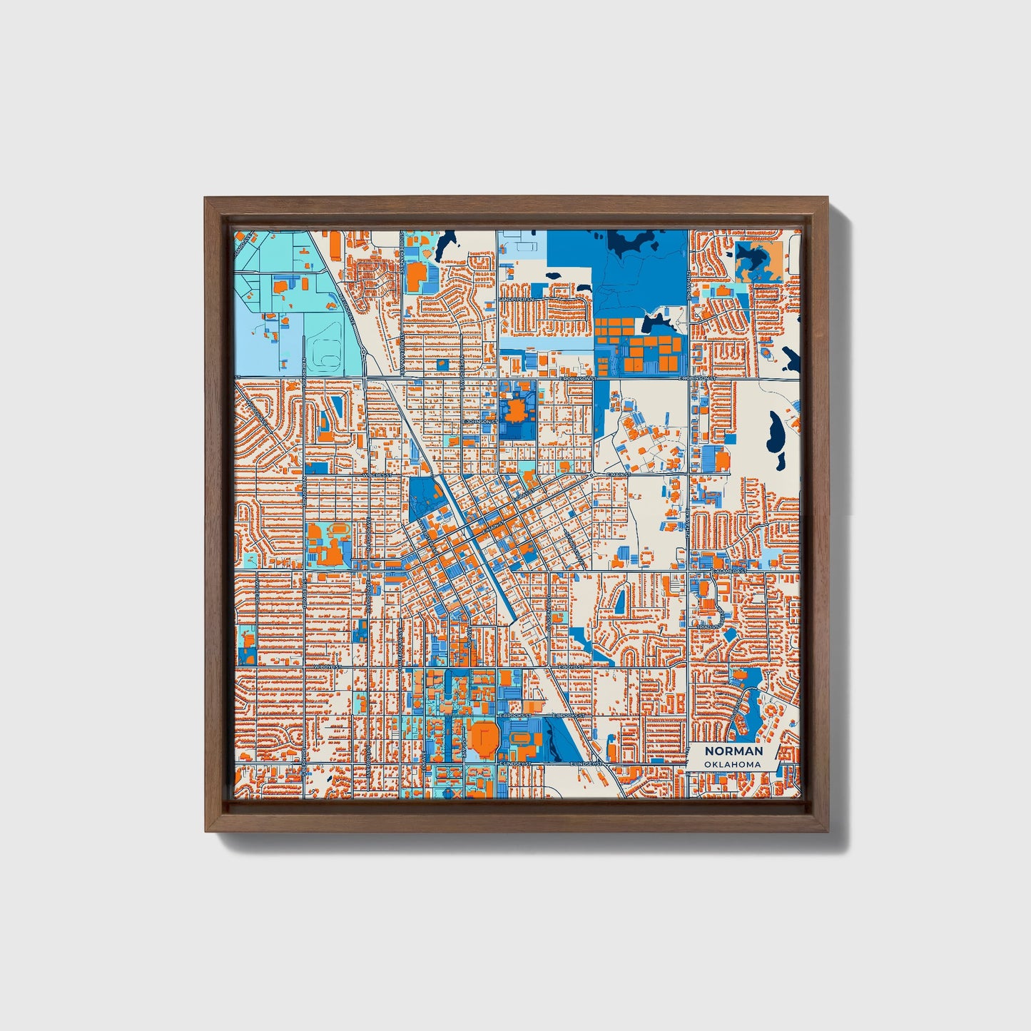 Norman Oklahoma Colorful City Map Canvas Print • Dark Wooden Framed