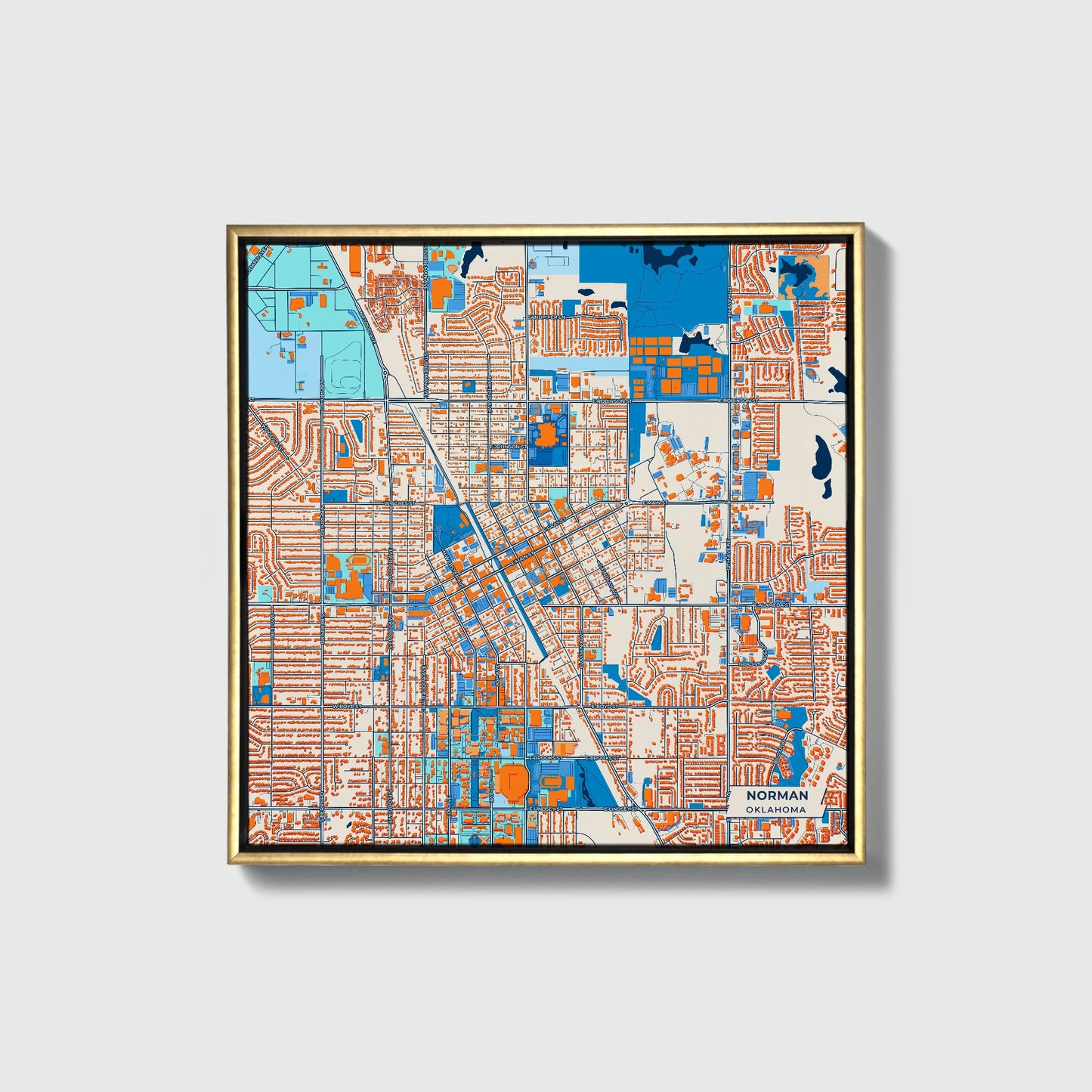 Norman Oklahoma Colorful City Map Canvas Print • Gold Framed