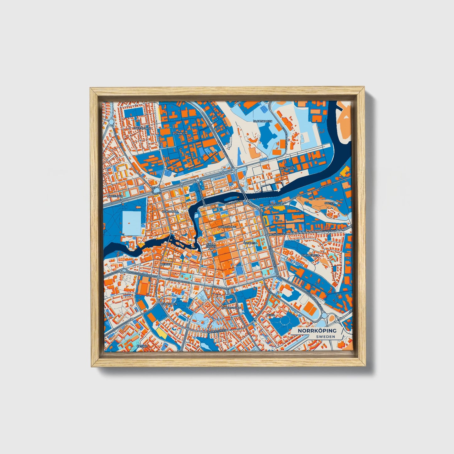 Norrköping Sweden Colorful City Map Canvas Print • Natural Wooden Framed