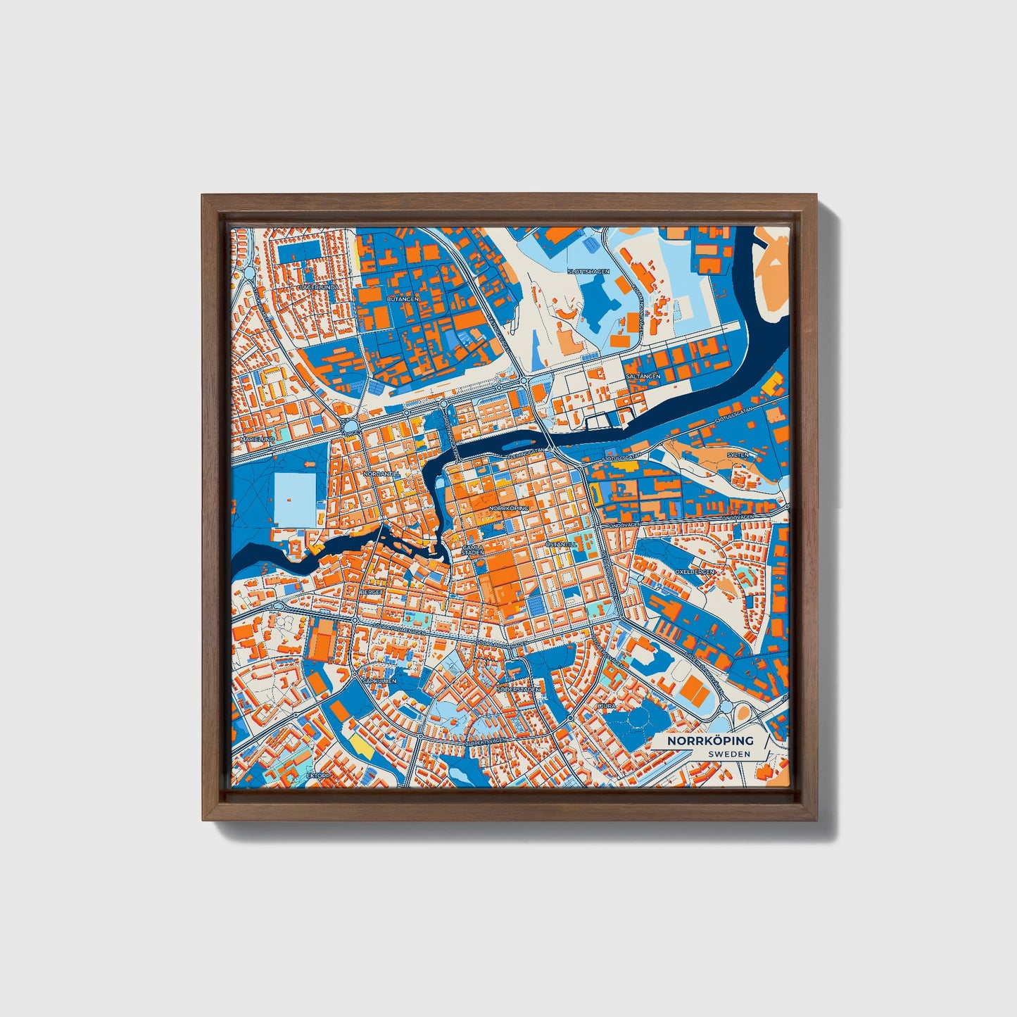 Norrköping Sweden Colorful City Map Canvas Print • Dark Wooden Framed