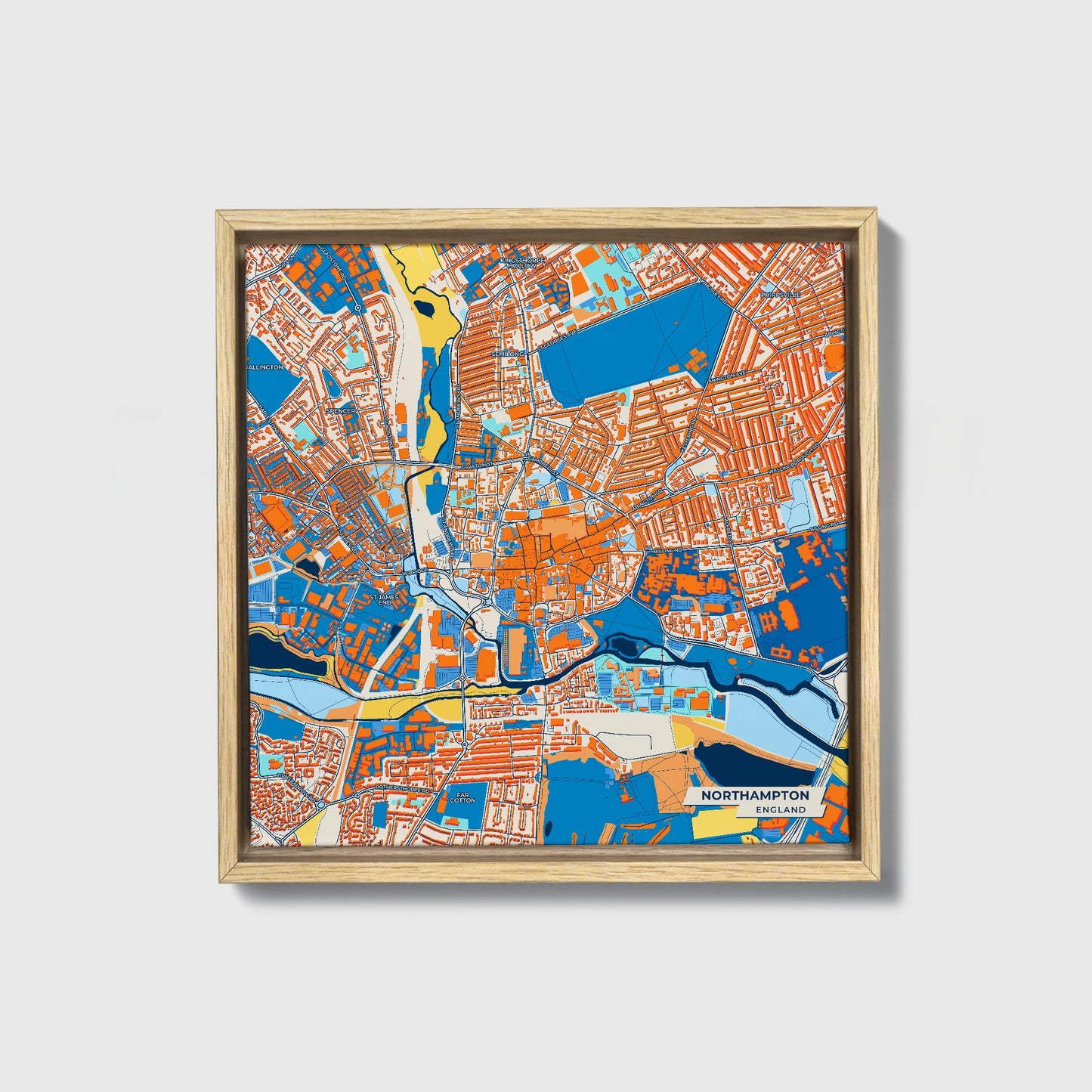 Northampton England Colorful City Map Canvas Print • Natural Wooden Framed