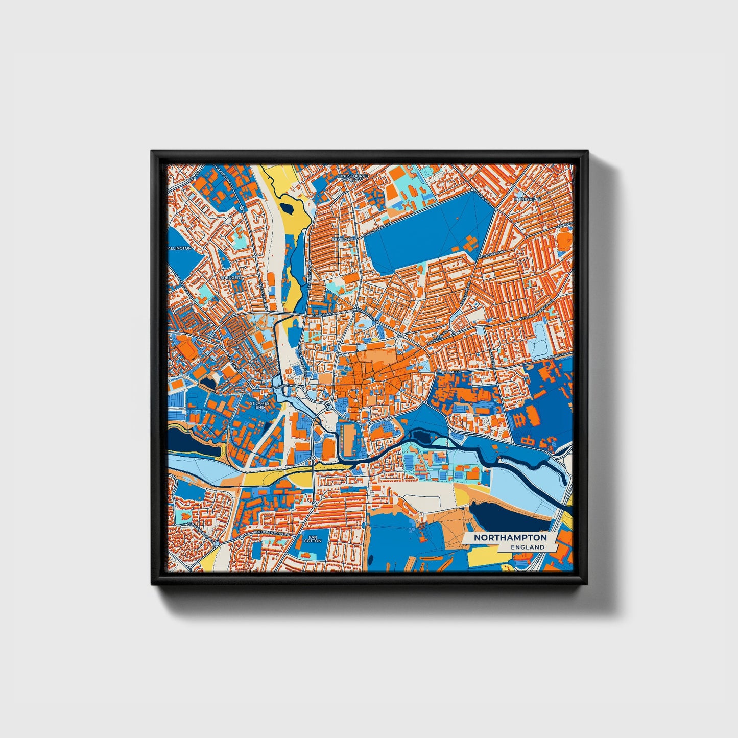 Northampton England Colorful City Map Canvas Print • Black Framed