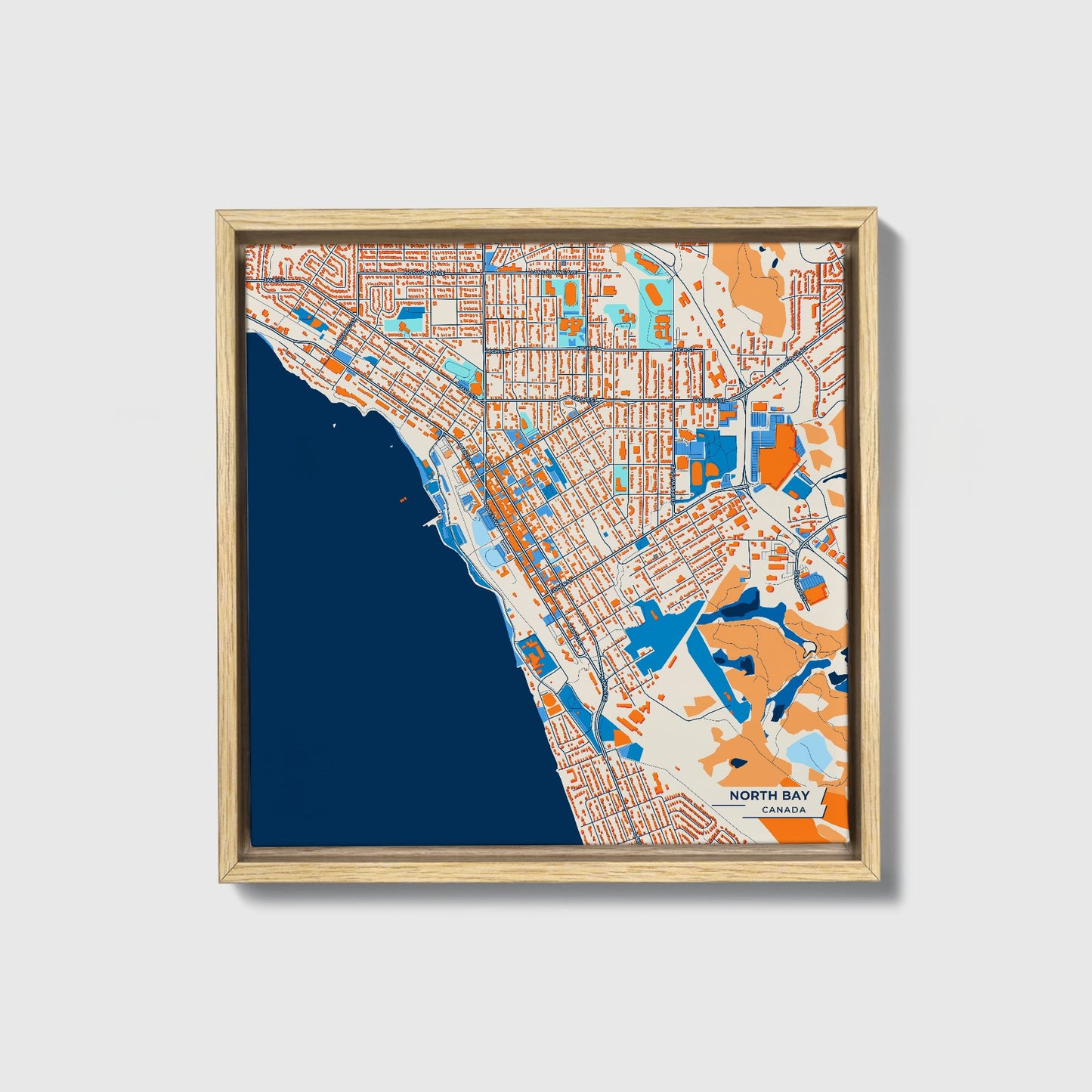 North Bay Canada Colorful City Map Canvas Print • Natural Wooden Framed