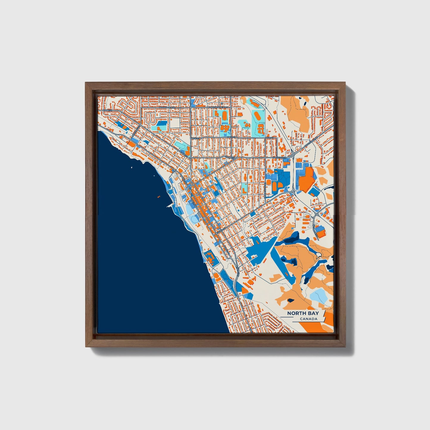 North Bay Canada Colorful City Map Canvas Print • Dark Wooden Framed